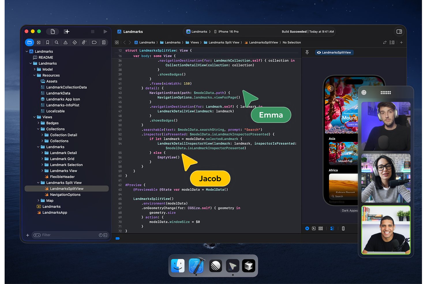 L'app Hopp mostra l'editor Xcode con una videochiamata in diretta tra tre collaboratori.