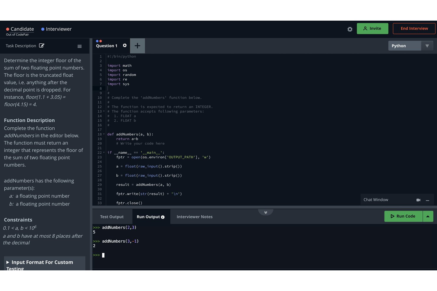 Editor HackerRank CodePair che mostra una funzione Python con il pannello dell'output dell'esecuzione live.