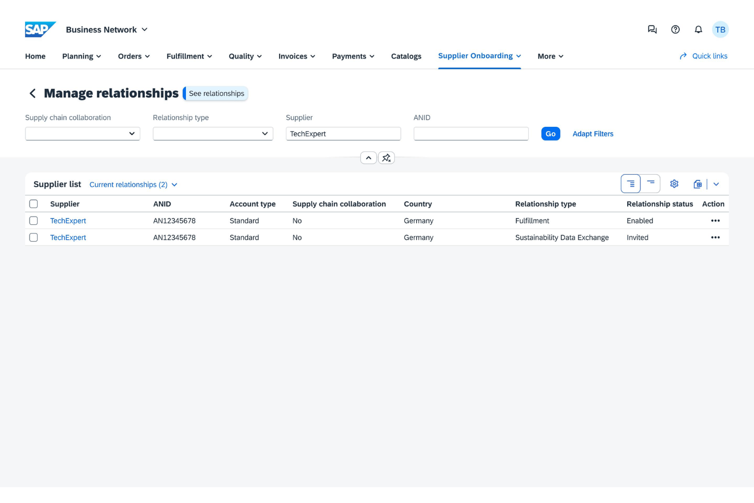 Pagina Gestisci rapporti di SAP Ariba con l'elenco dei fornitori che mostra due voci TechExpert.