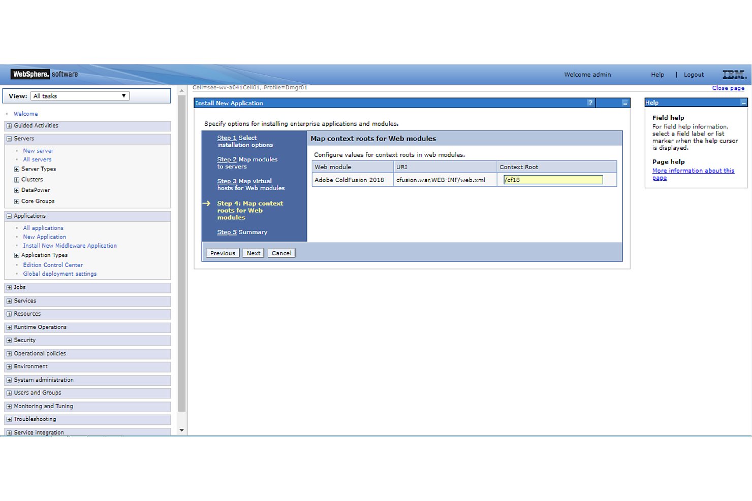 WebSphere admin console showing context root '/cf18' for Adobe ColdFusion 2018 web module.