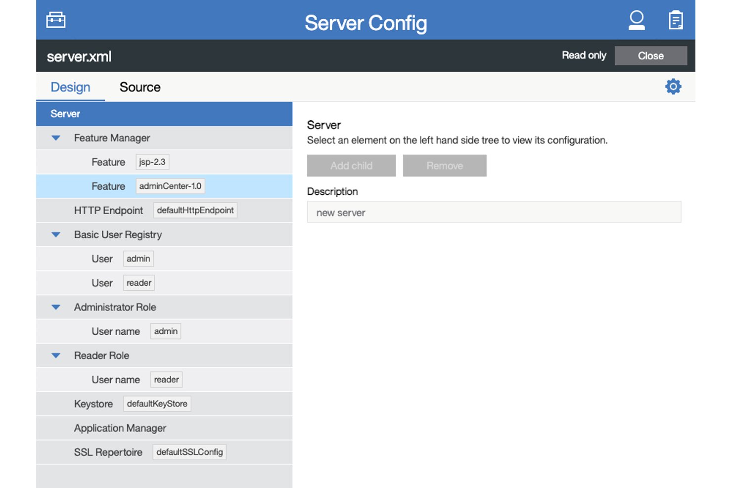 Open Liberty Server Config UI showing server.xml design view with features and roles.