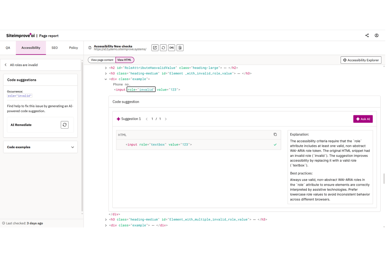 Siteimprove AI page report showing invalid ARIA role fix suggestion for an input field.