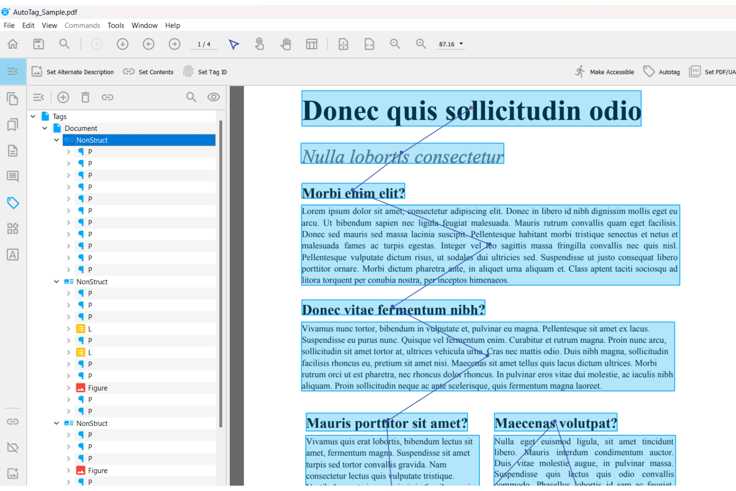 PDFix interface showing PDF tag tree panel and tagged document content.