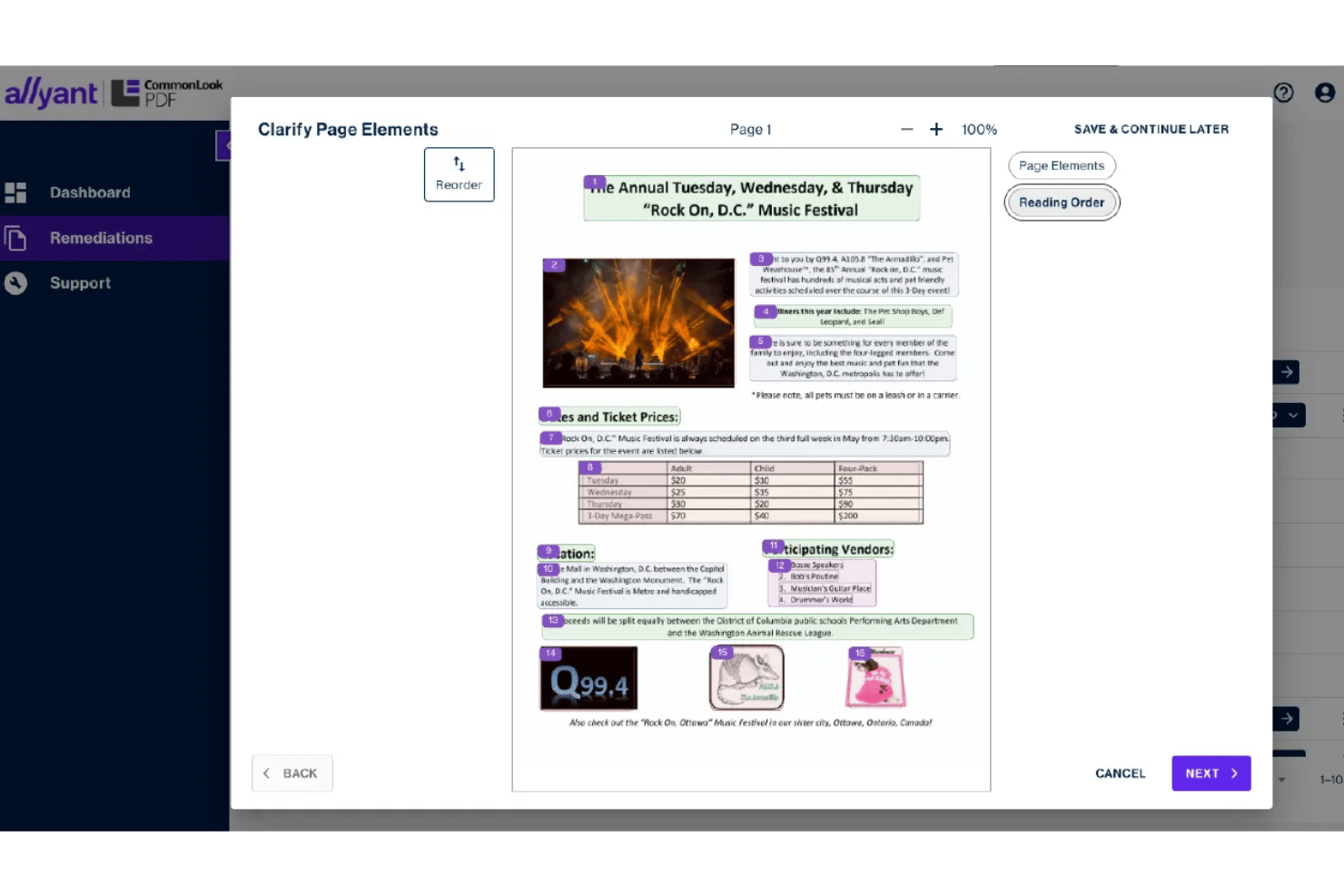 CommonLook PDF interface showing reading order clarification for a music festival flyer.