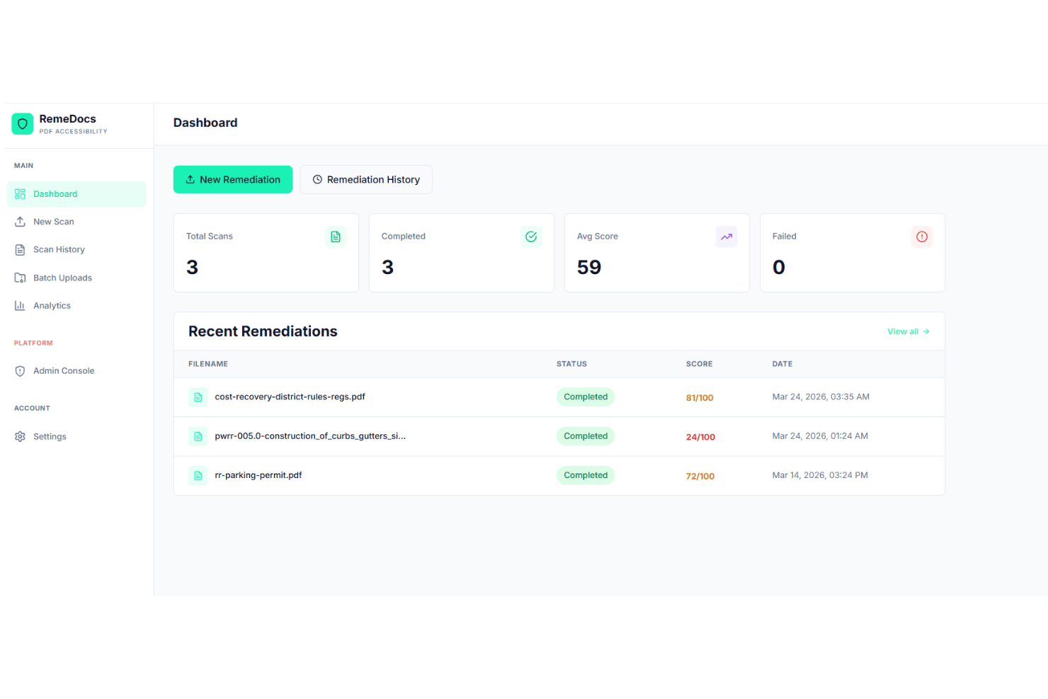 RemeDocs dashboard showing 3 scans completed with an average accessibility score of 59.