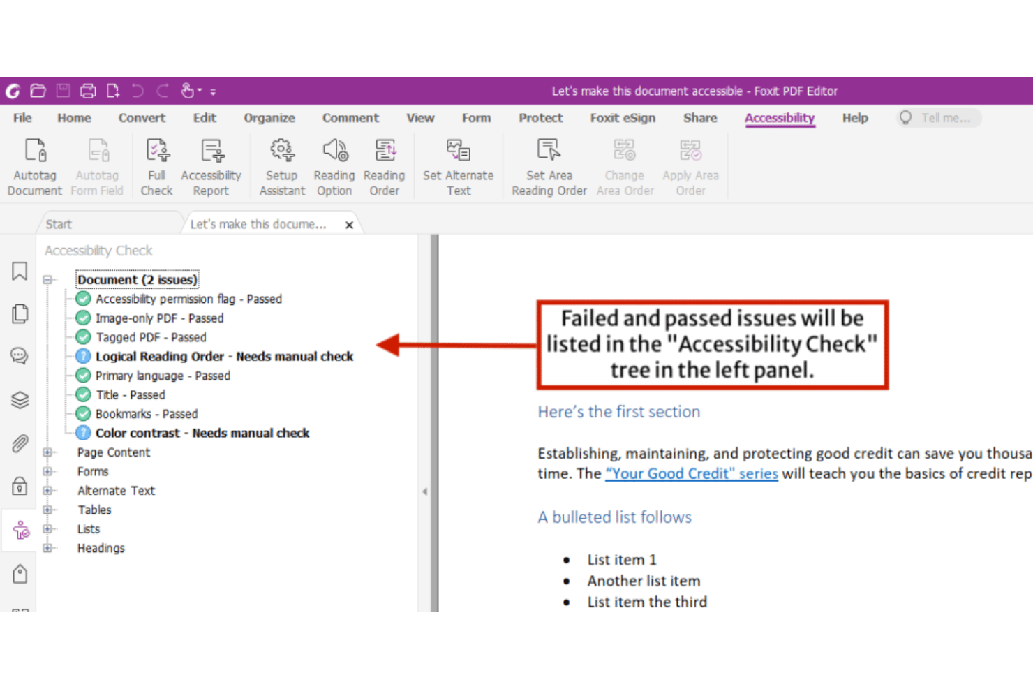 Foxit PDF Editor Accessibility Check panel showing passed and failed document issues.