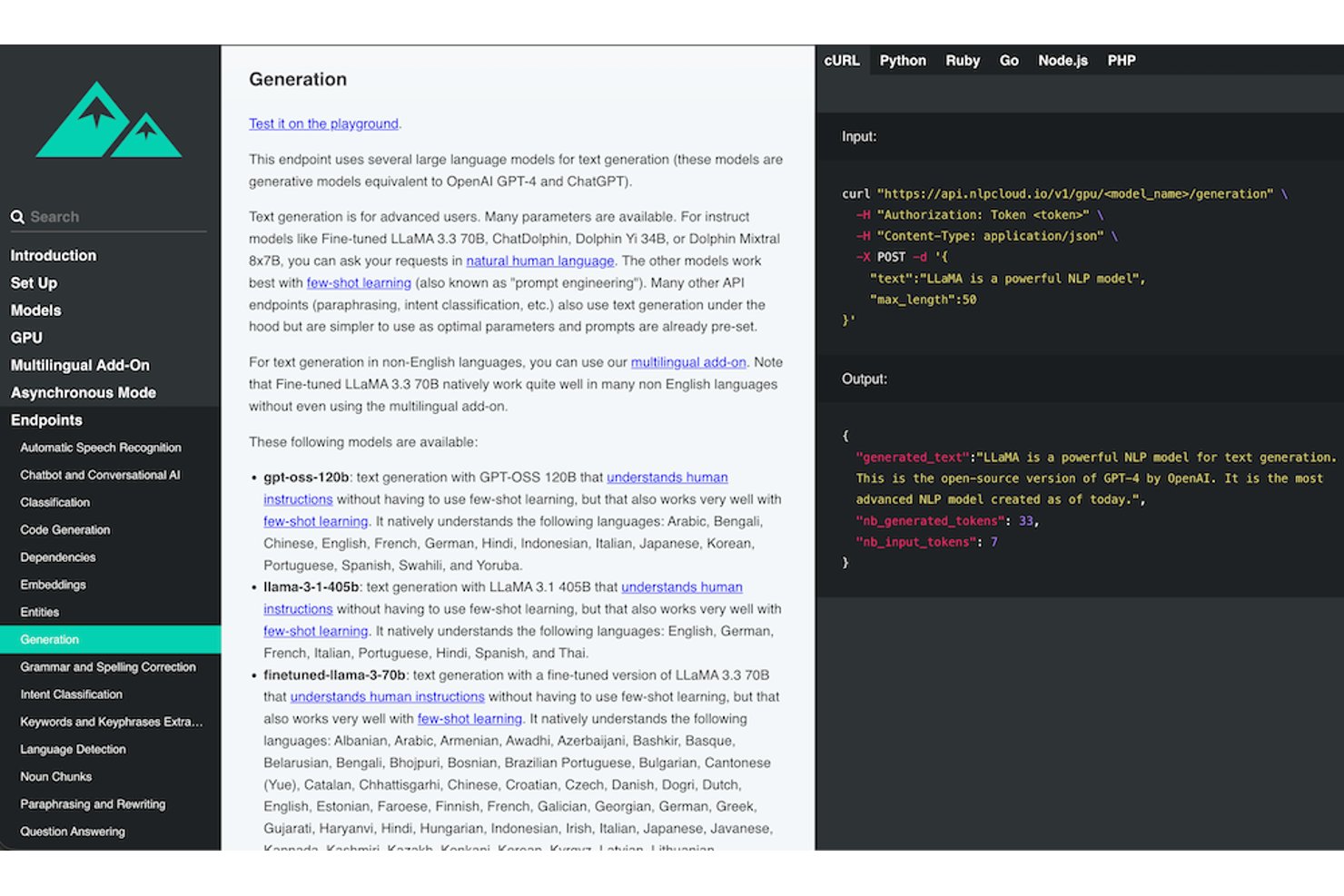 Documentazione dell'API NLP Cloud che mostra l'endpoint per la generazione di testo con un esempio curl e un output JSON.
