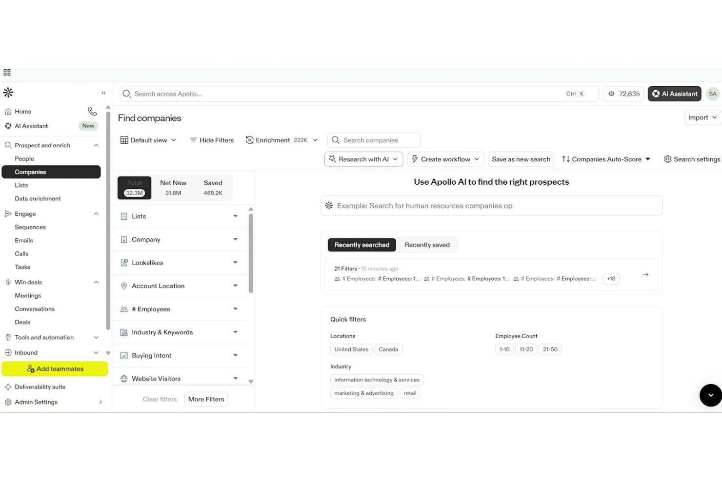 Apollo.io Find Companies page with AI search and filter options.