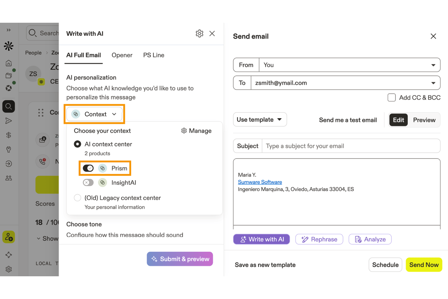 Apollo.io-Bedienfeld „Mit KI schreiben“ mit Kontextauswahl und E-Mail-Editor mit Empfängerdetails.