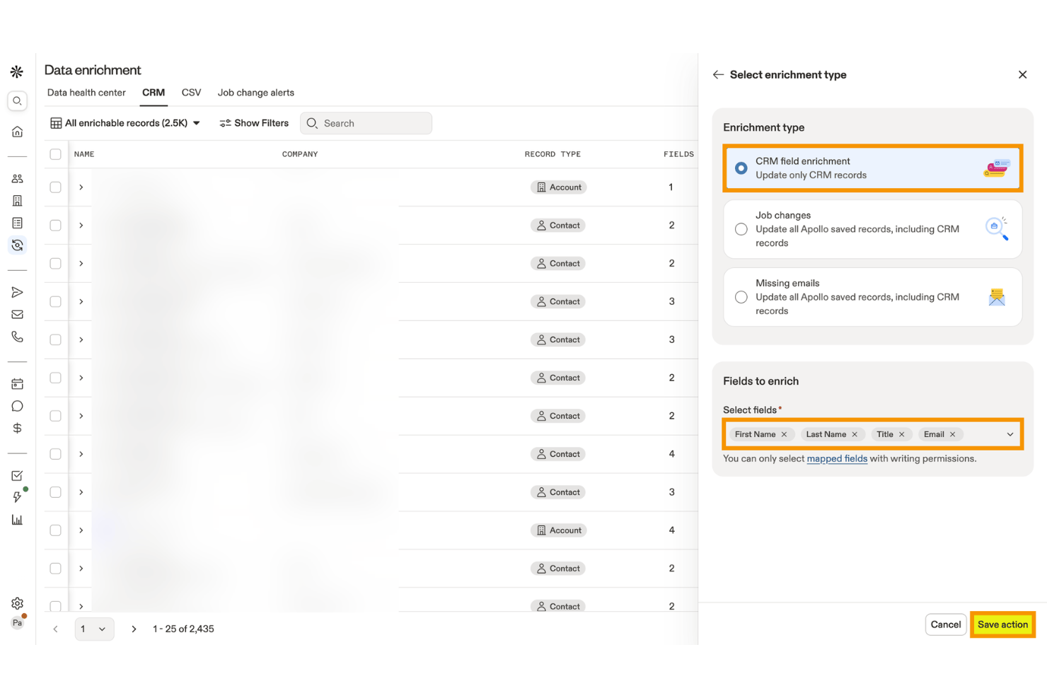 Apollo.io CRM data enrichment panel with field selection and enrichment type options.