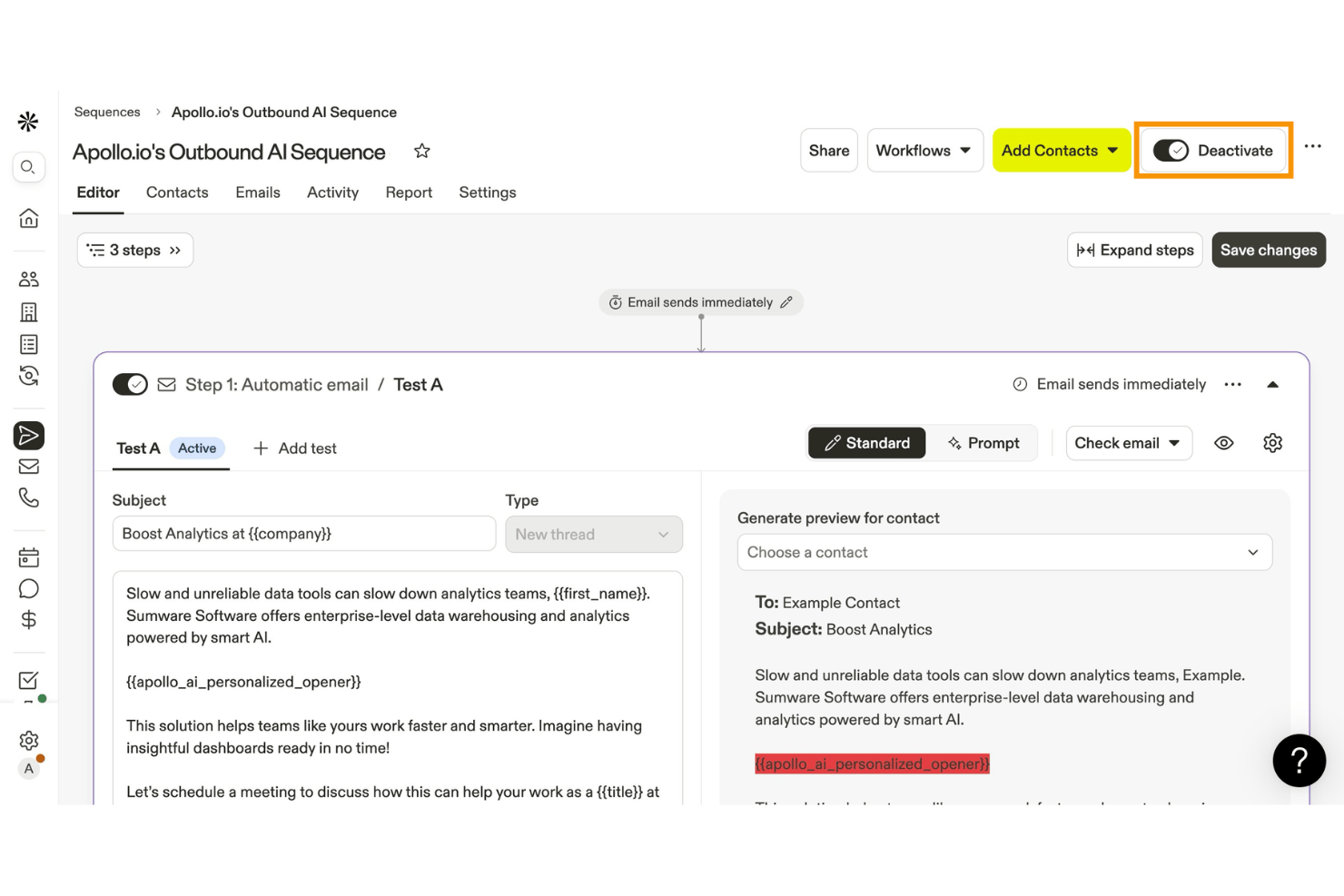 Apollo.io sequence editor showing an automated email step with AI personalization field.