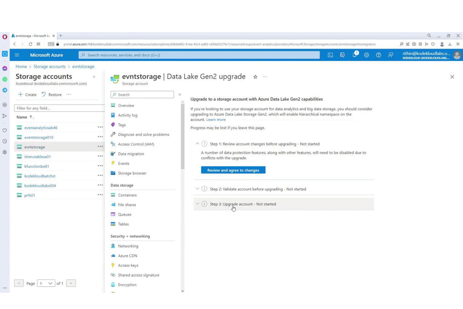 Azure portal showing Data Lake Gen2 upgrade steps for a storage account.