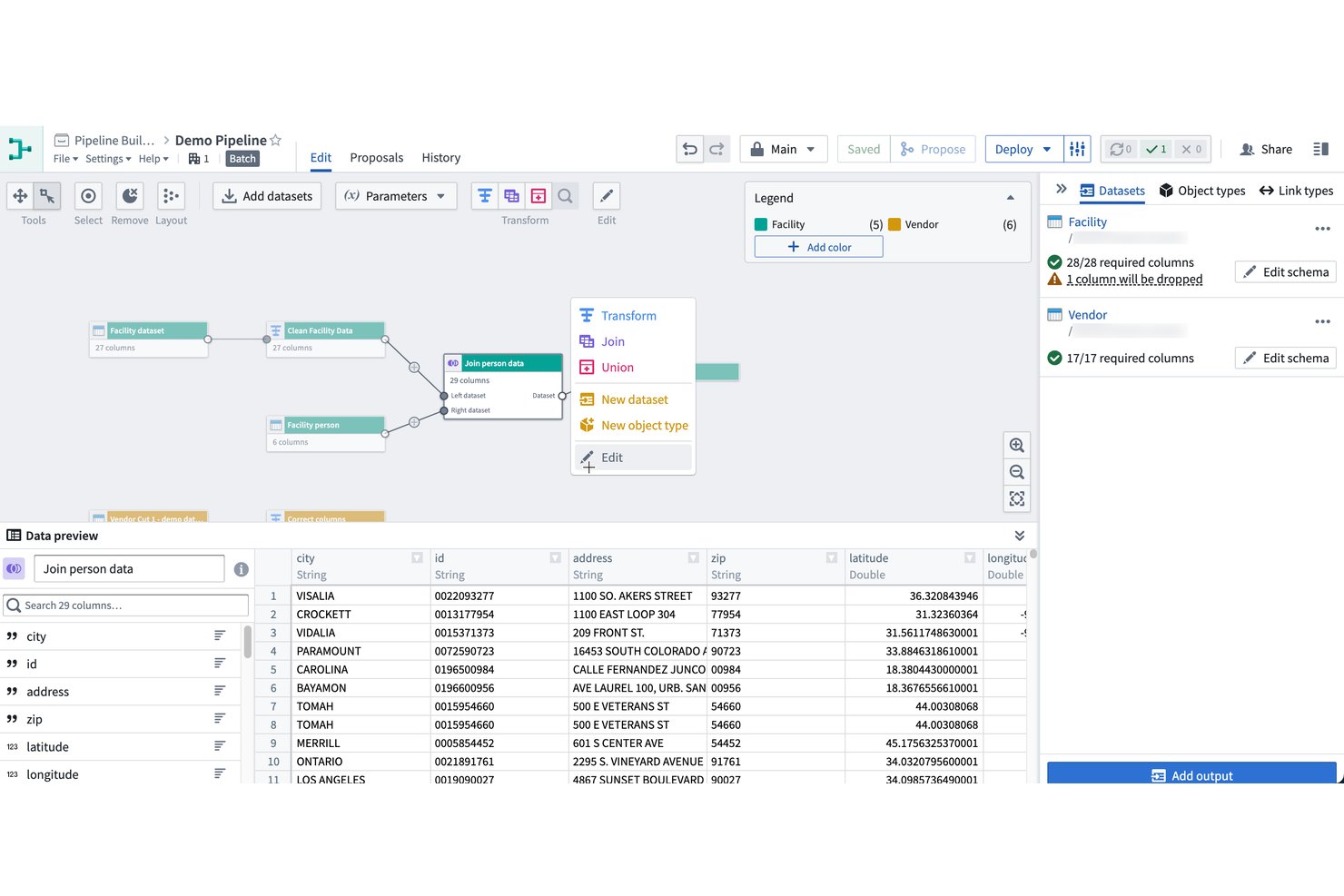 Palantir Foundry pipeline builder showing dataset join, transform menu, and data preview table.