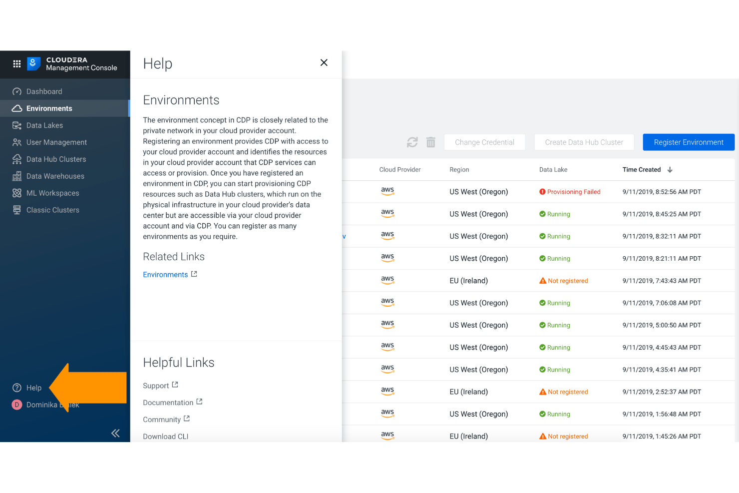 Cloudera Management Console showing Environments panel with AWS regions and statuses.