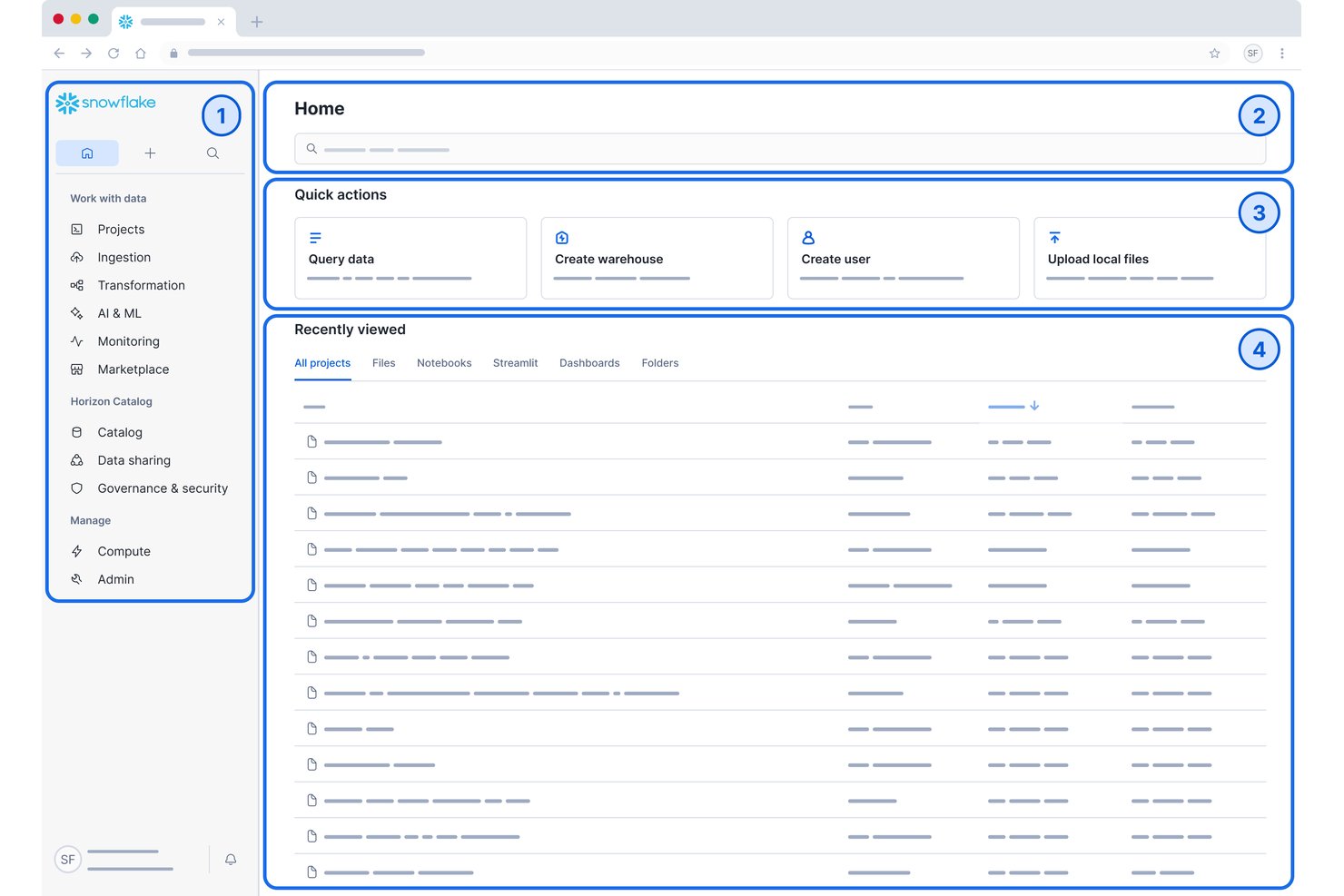 Snowflake web UI home screen with quick actions and recently viewed projects list.