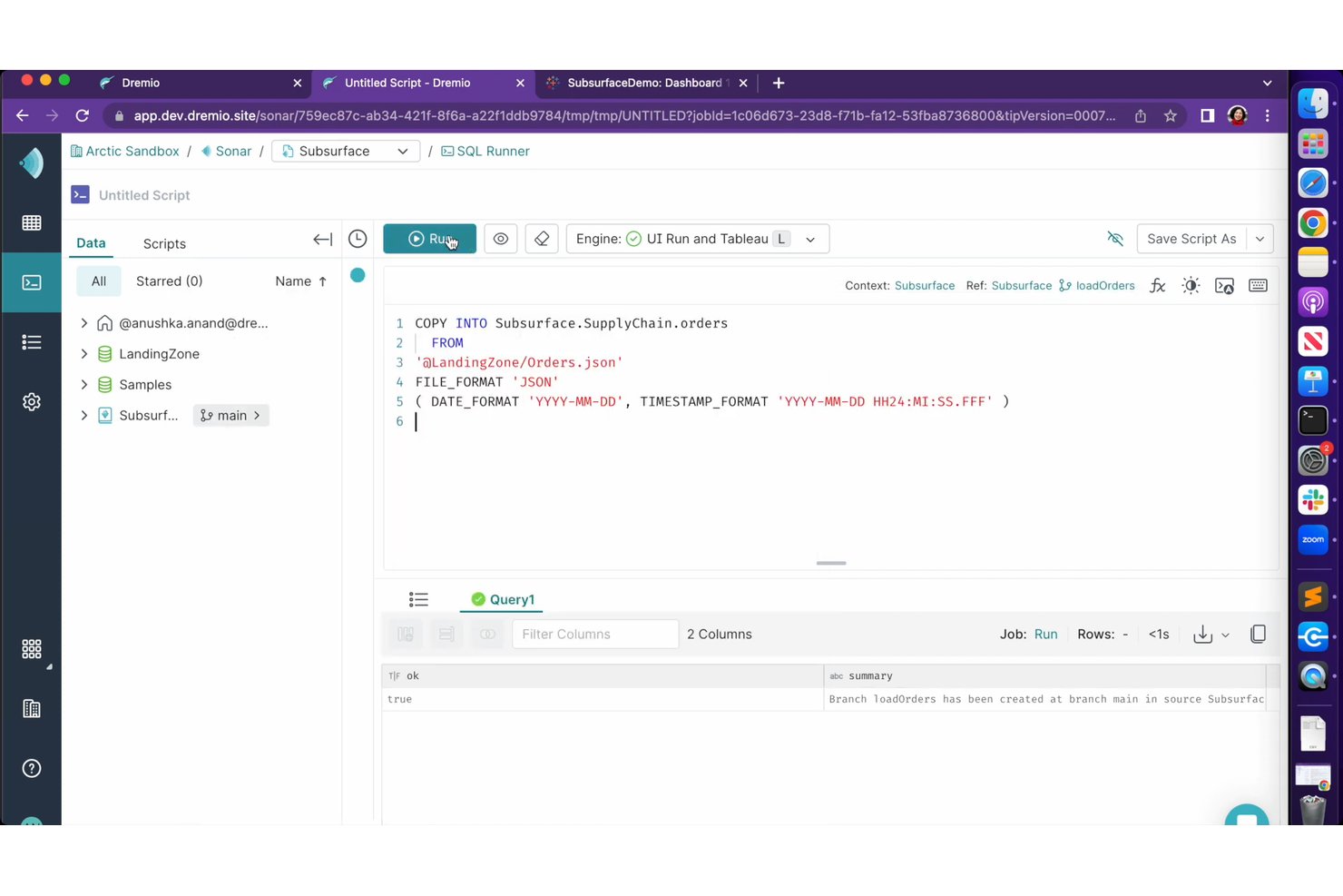 Dremio SQL Runner executing a COPY INTO command to load JSON data.