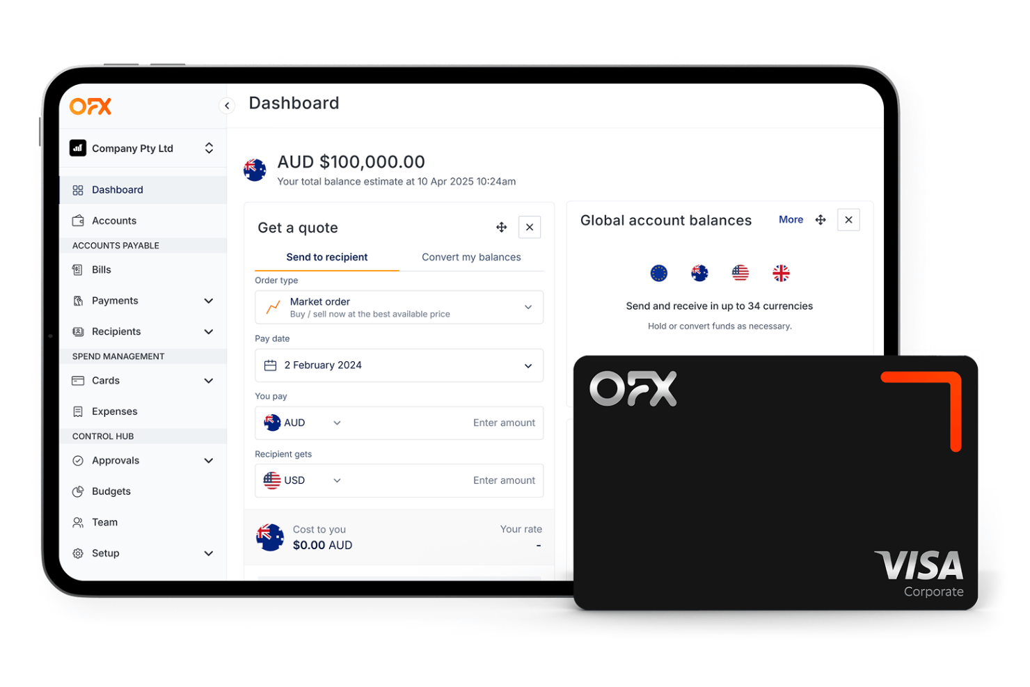 OFX-dashboard op een tablet met een offerte voor valutaoverdracht en saldi van wereldwijde rekeningen, met een zakelijke Visa-kaart.