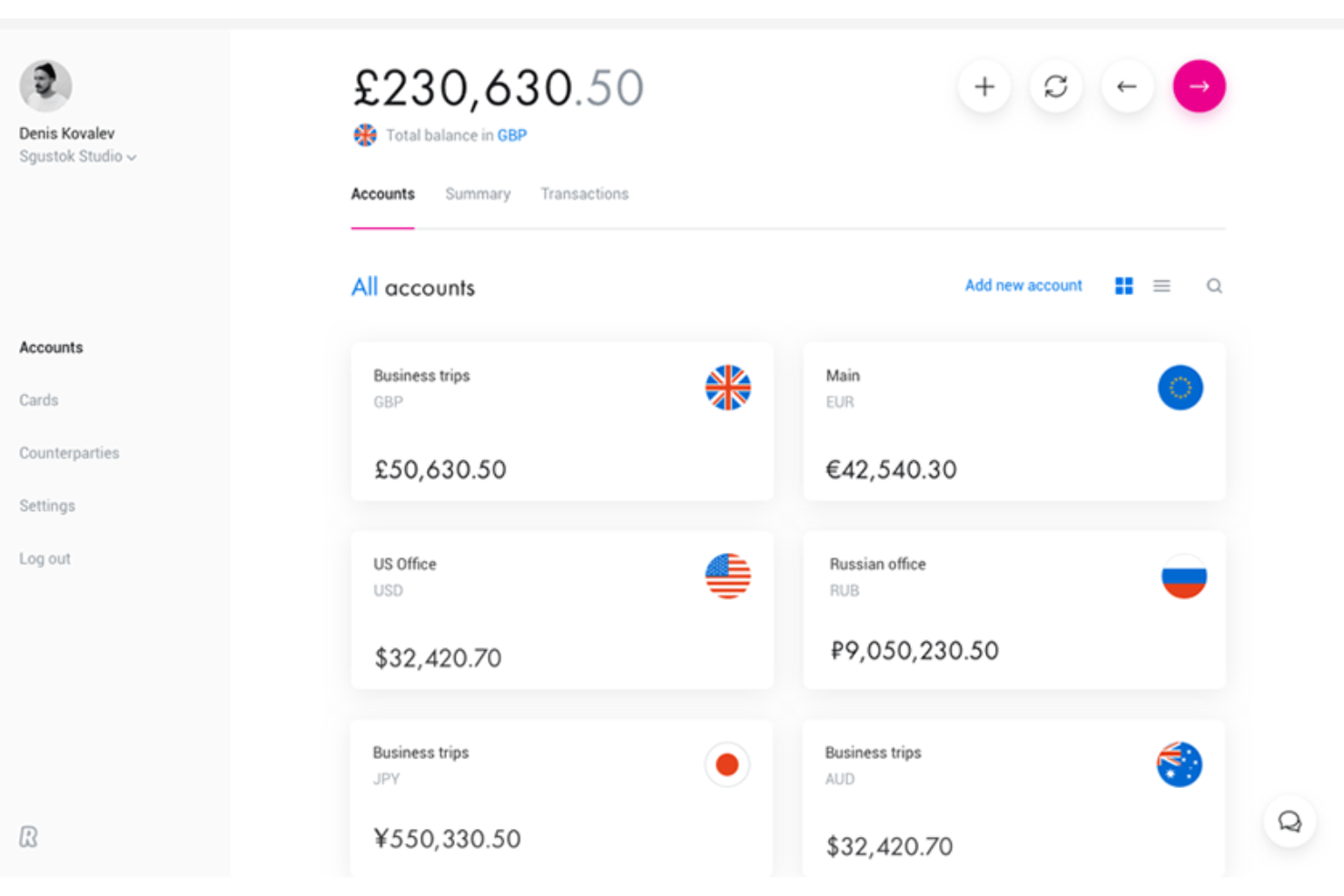 Revolut Business-dashboard met rekeningen in meerdere valuta's en saldi in GBP, EUR, USD, RUB, JPY en AUD.