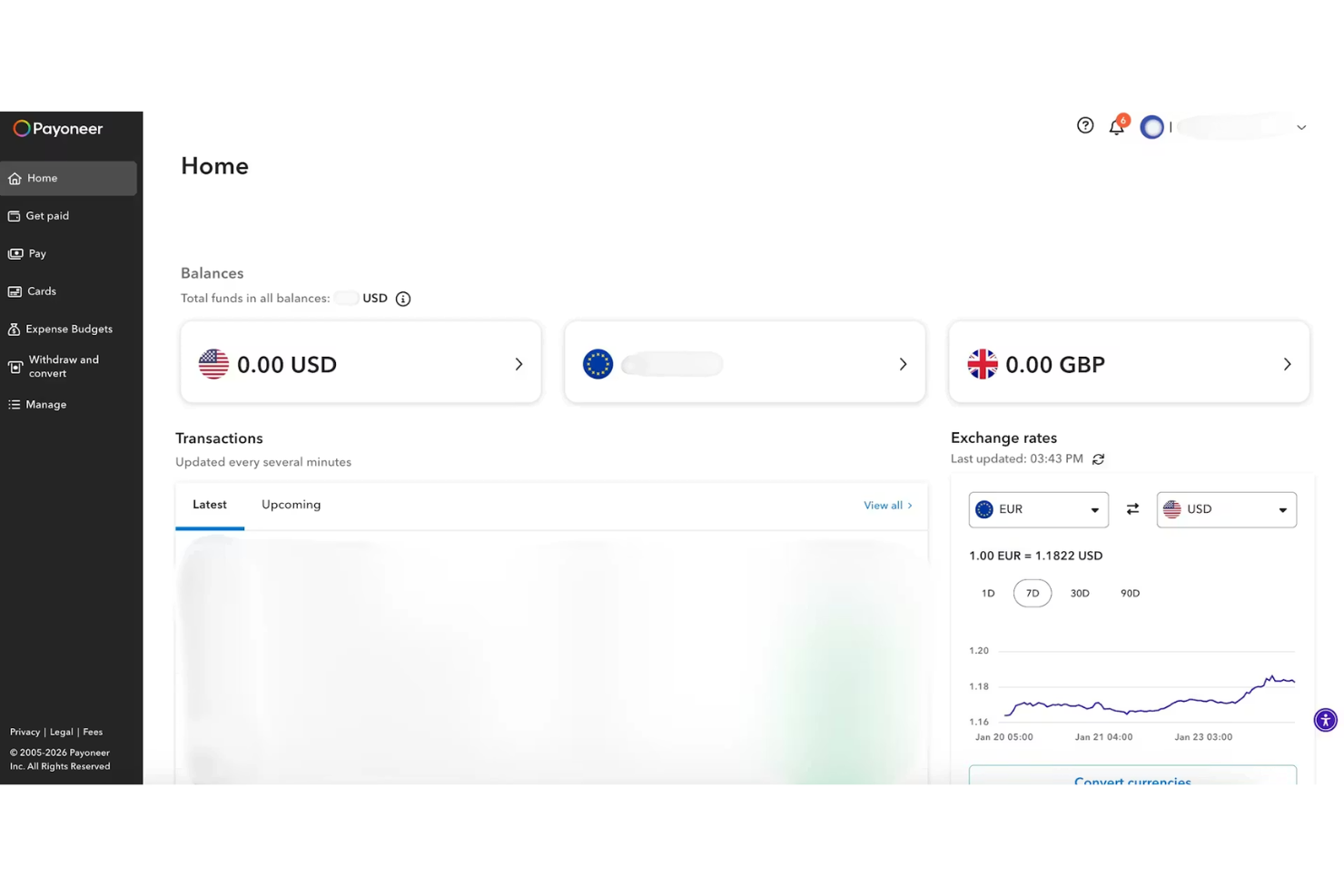 Payoneer-dashboard met saldi in USD, EUR en GBP en een grafiek van de wisselkoers van EUR naar USD.
