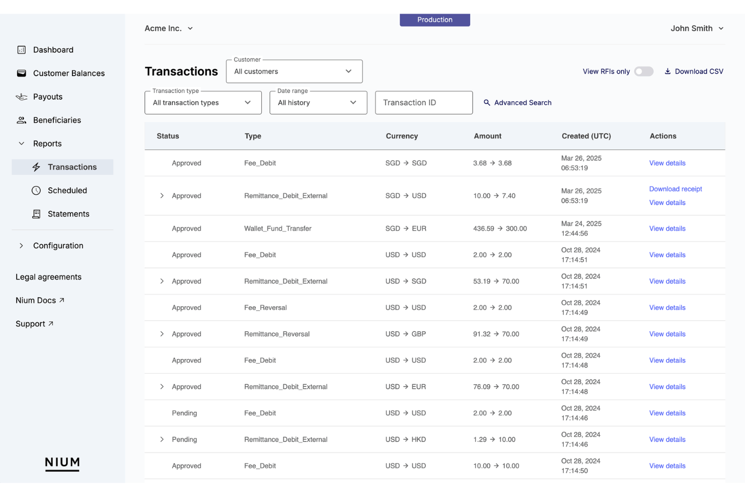Nium-dashboard met een transactielijst met kolommen voor status, type, valuta en bedrag.