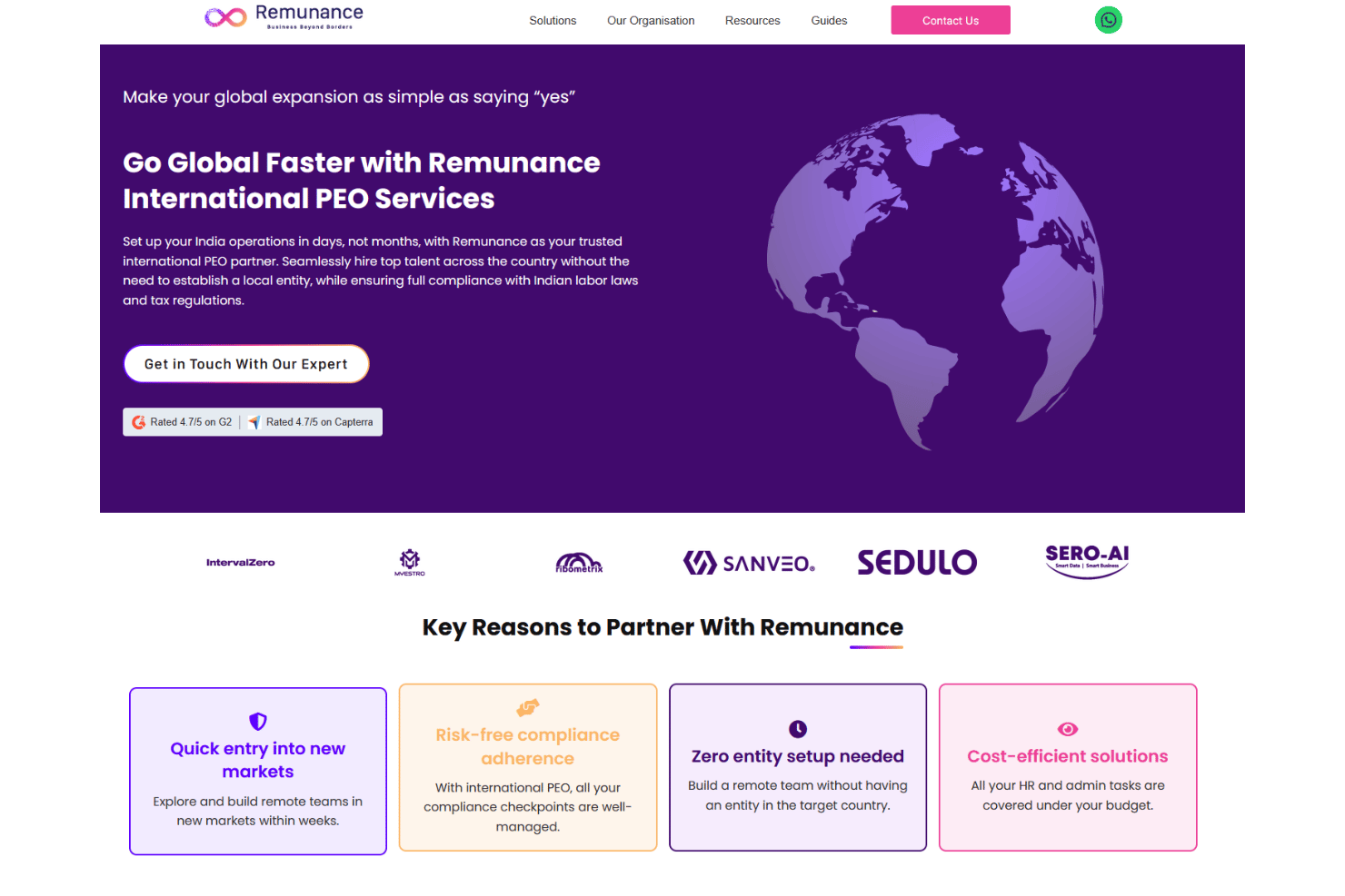 Page d’accueil des services PEO de Remunance avec un visuel de globe et les principaux avantages du partenariat.