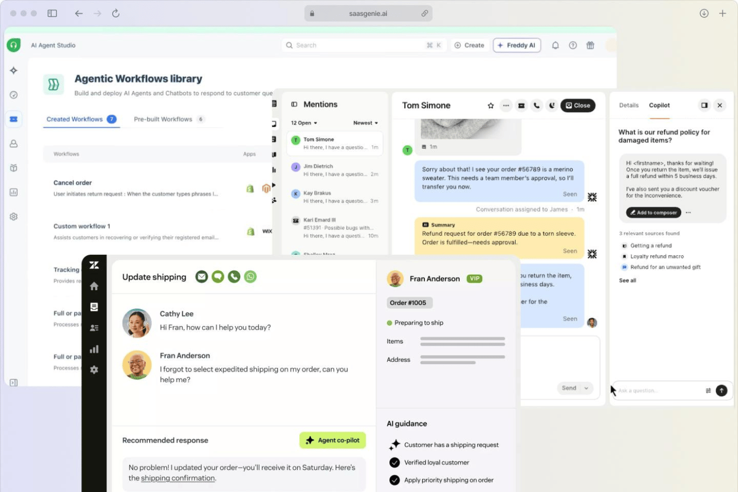Dashboard dello Studio degli agenti IA che mostra flussi di lavoro, conversazioni in chat e pannello del copilota.