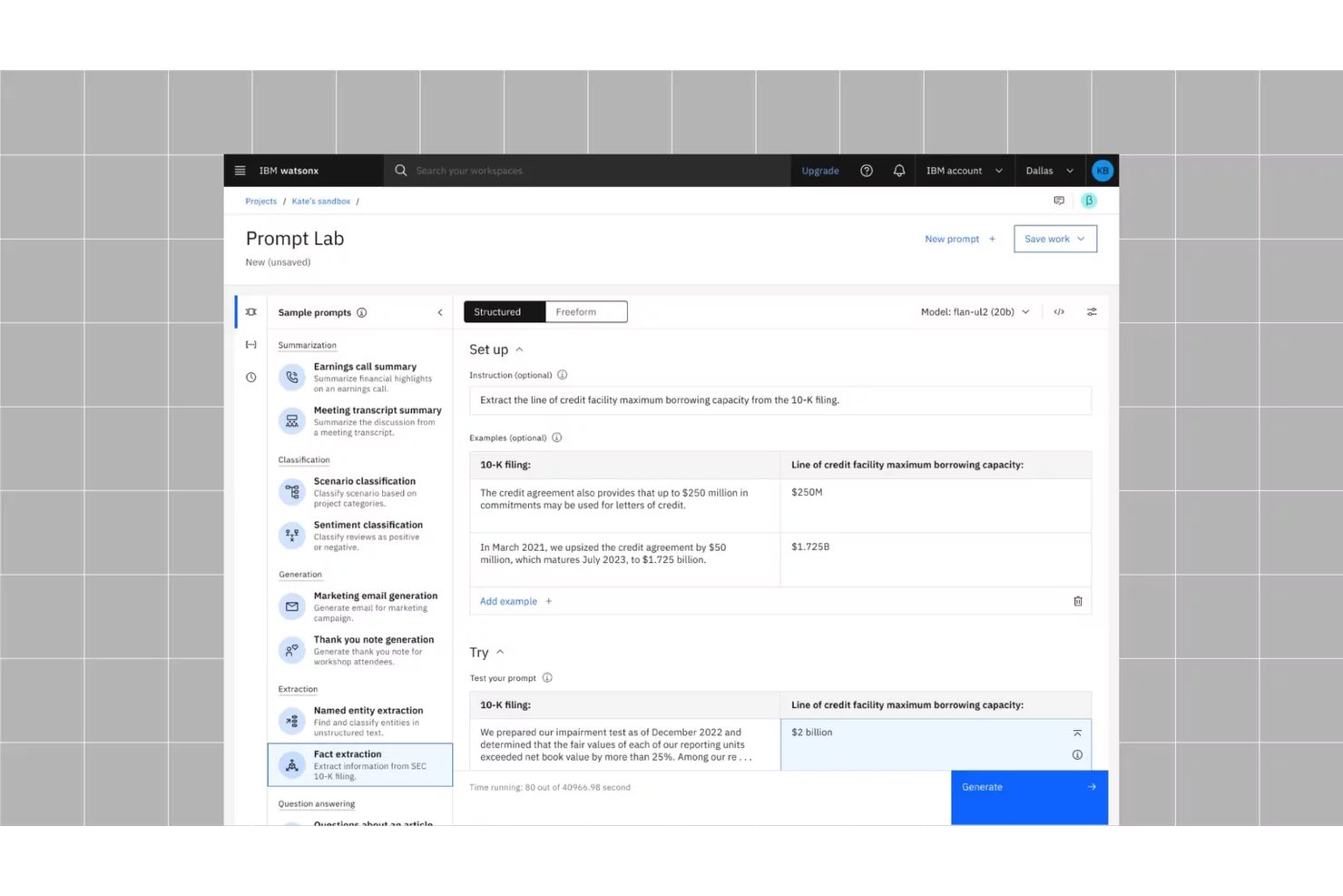 IBM watsonx.ai Prompt Lab muestra la extracción de datos de documentos 10-K con ejemplos estructurados de entrada y salida.