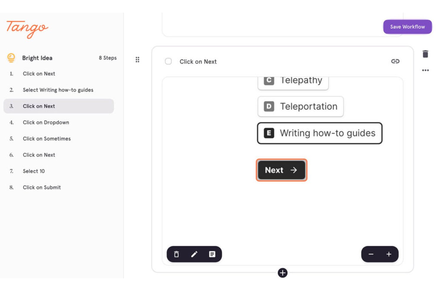 Tango workflow editor showing 8 steps with a highlighted Next button.