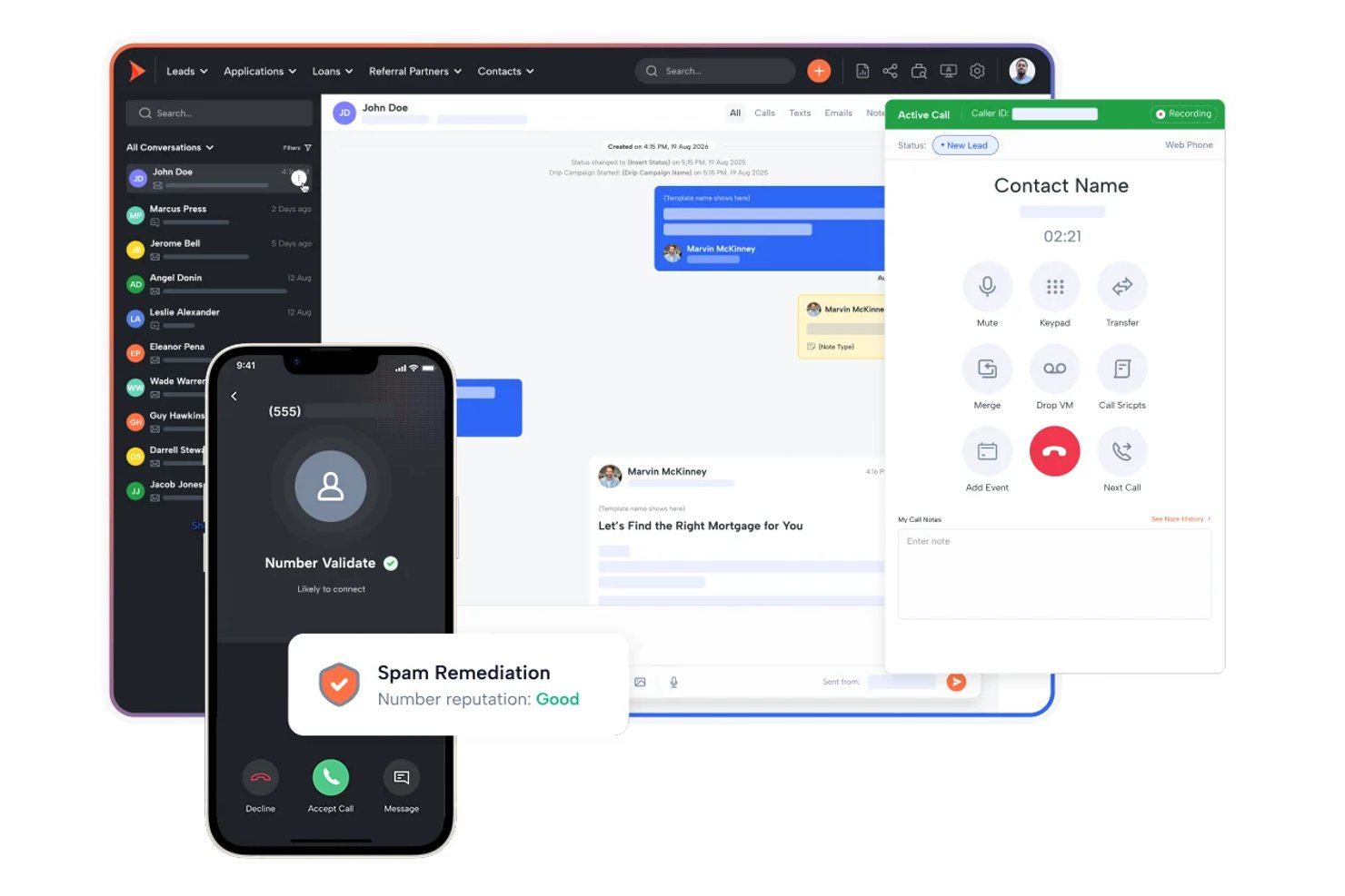 Shape CRM som visar en aktiv samtalspanel, textkonversationer och hantering av skräppost på mobilen.