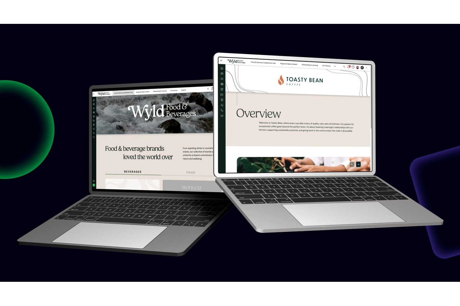 Twee laptops waarop merkportalen van Wyld Food &amp; Beverages en Toasty Bean Coffee worden weergegeven.