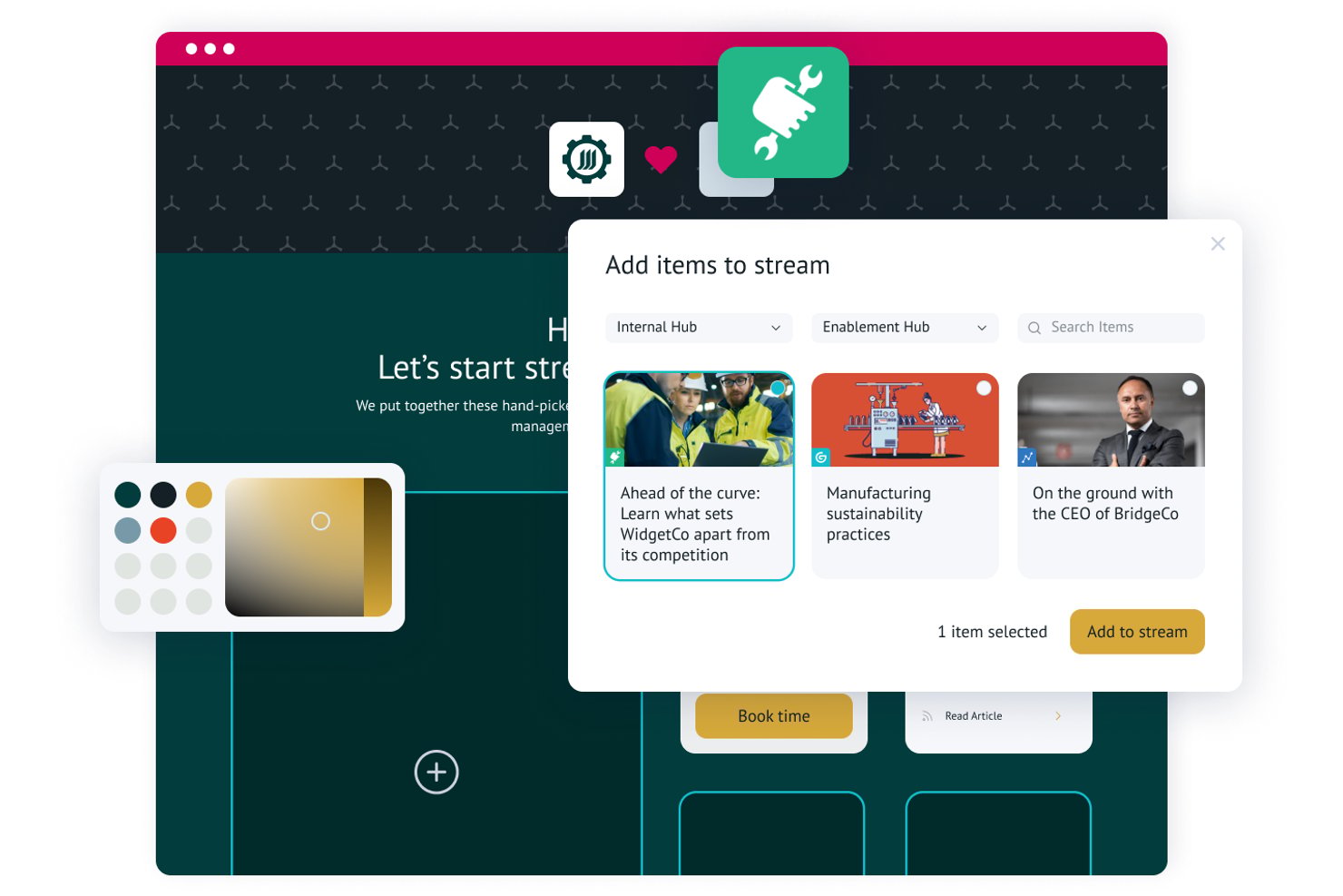 Uberflip-venster waarin contentitems kunnen worden geselecteerd om aan een stream toe te voegen.