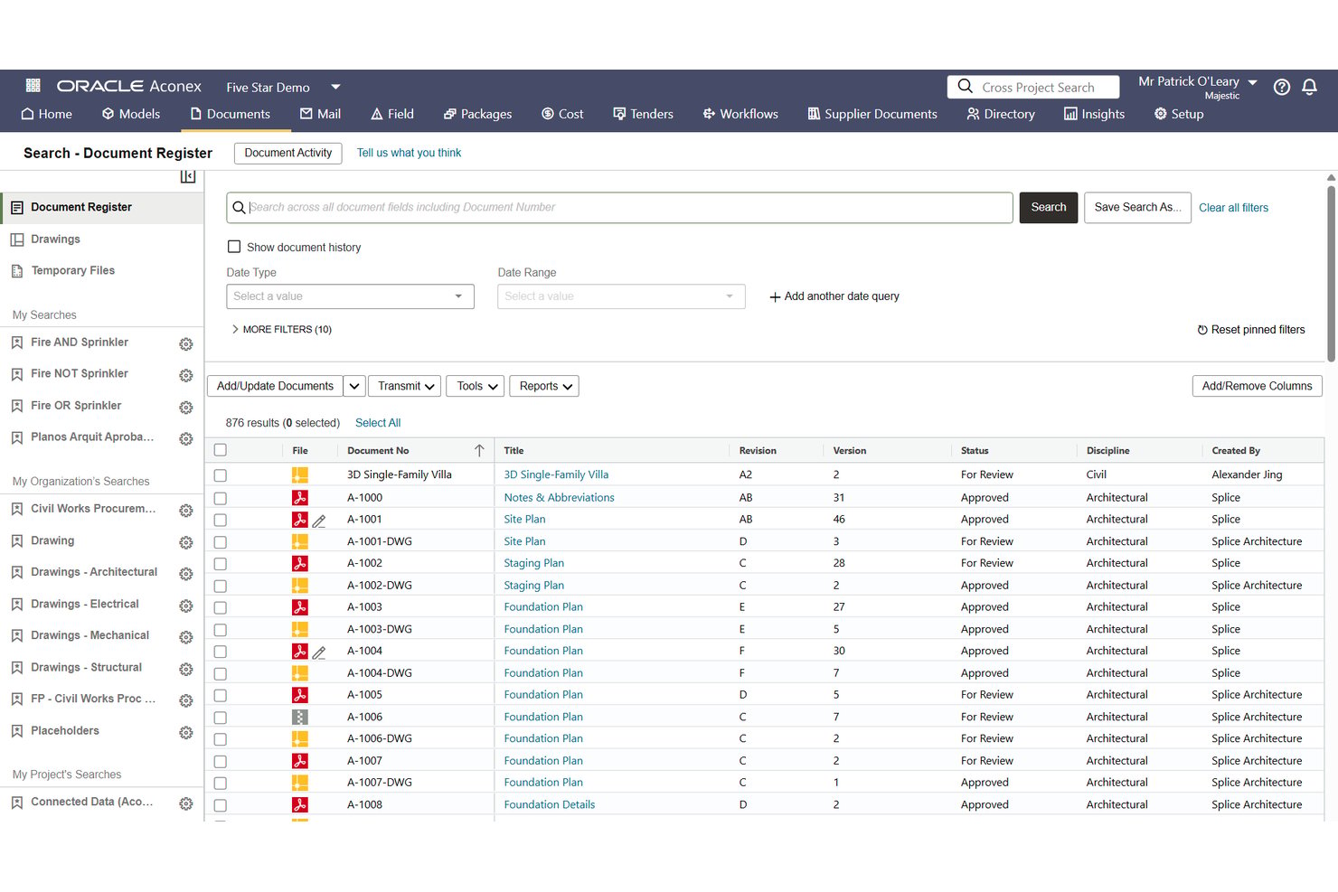Aconex document register search interface showing 876 architectural drawing results.