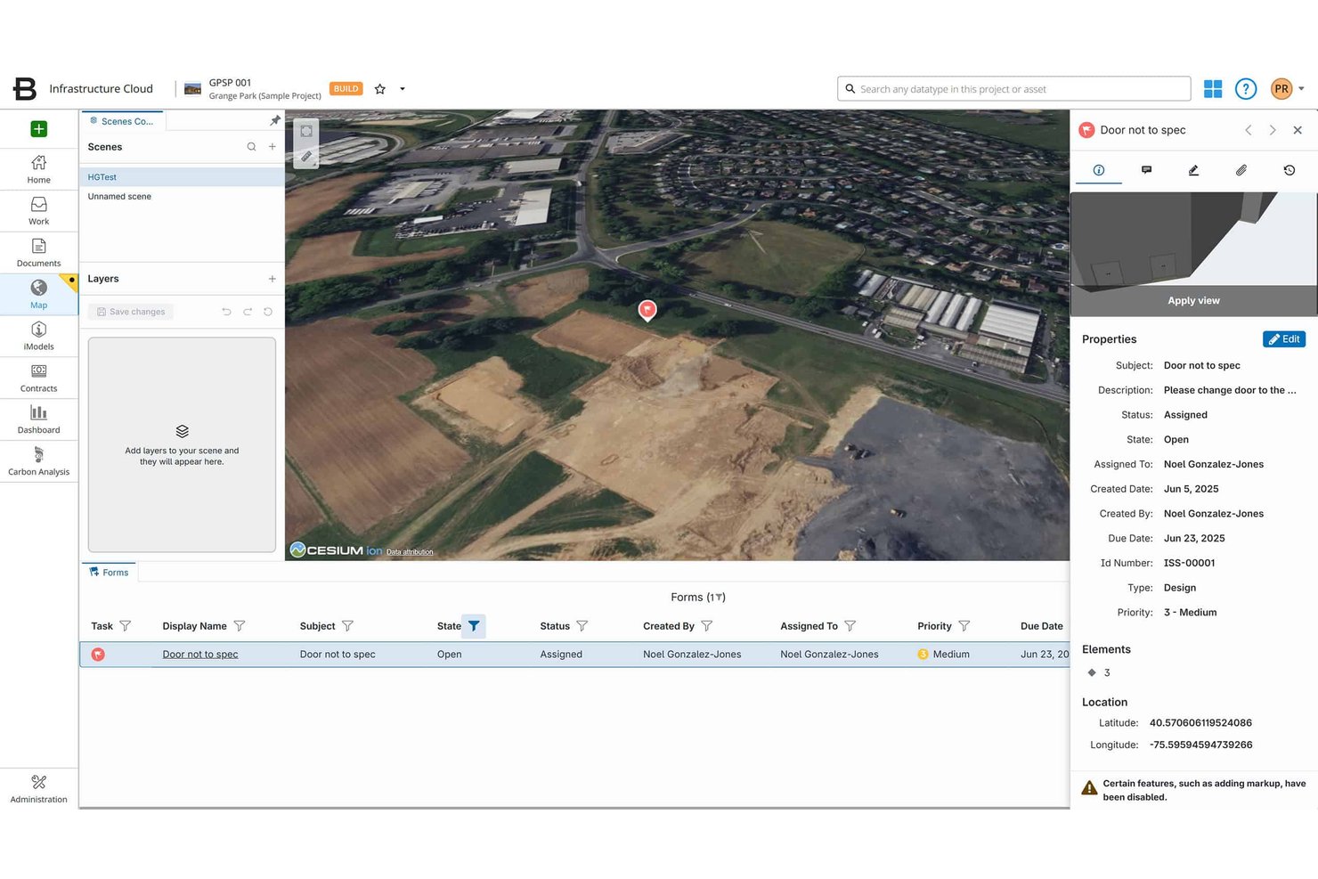 Bentley ProjectWise map view showing an issue panel with properties and location data.