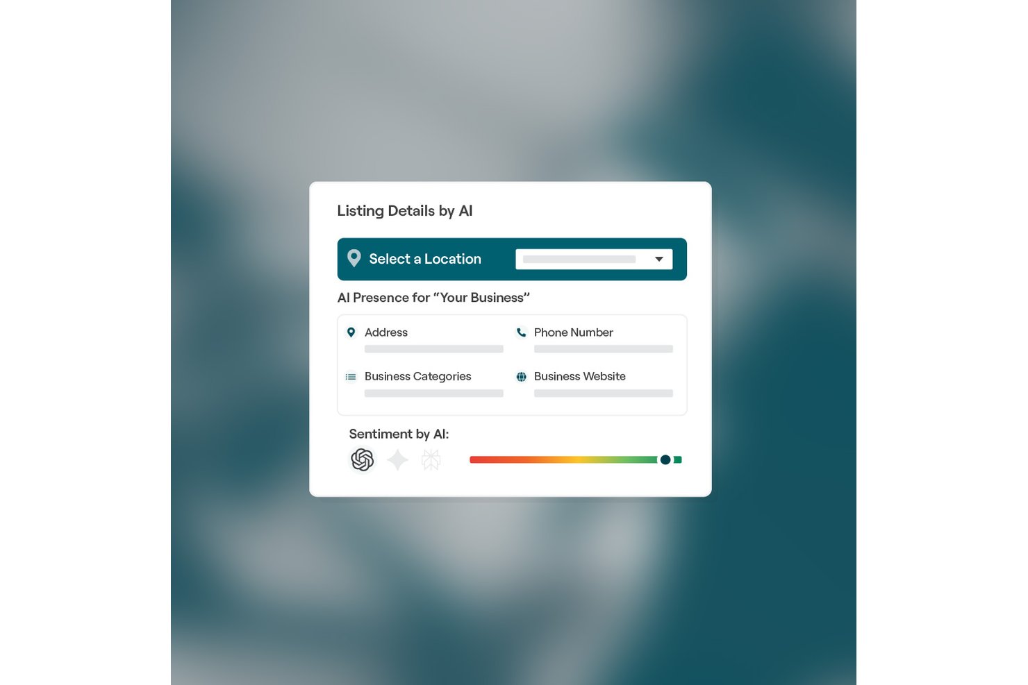 Carte d’interface affichant les détails d’une fiche générés par l’IA, avec les champs d’adresse, de téléphone, de catégories et de site web, ainsi qu’un curseur de sentiment.