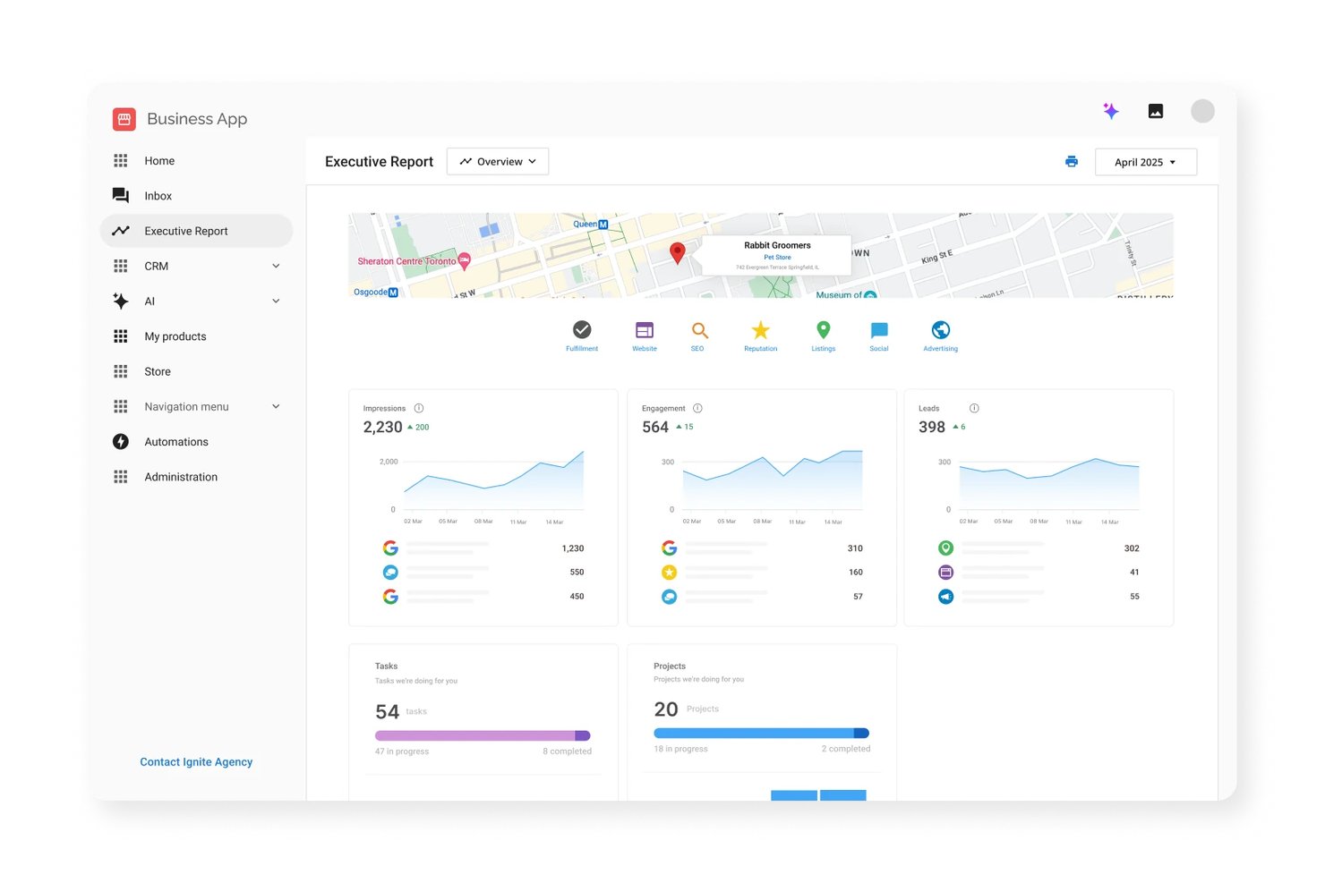 Tableau de bord de l'application professionnelle Vendasta affichant les impressions, l'engagement, les prospects, les tâches et les projets.