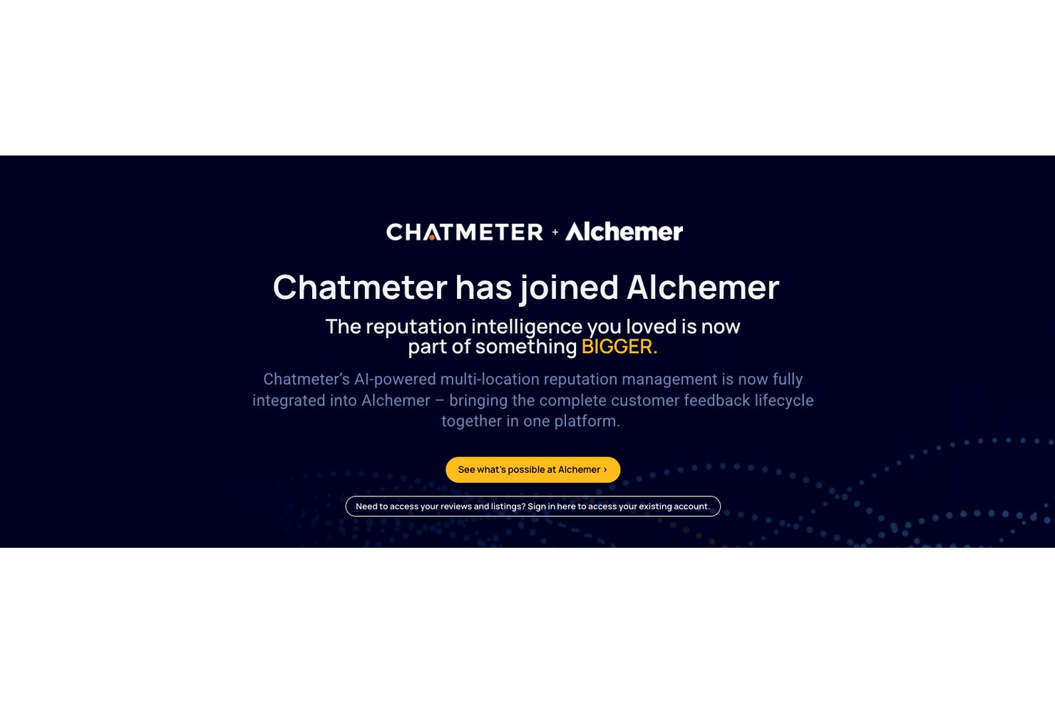 Bannière sombre annonçant que Chatmeter a rejoint Alchemer, avec un bouton d’appel à l’action.