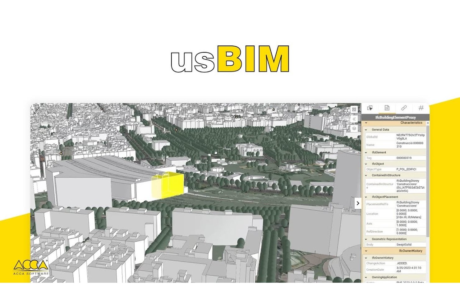 3D-stadsmodel in usBIM met een geselecteerd gebouwelement waarin het paneel met IFC-eigenschappen wordt weergegeven.