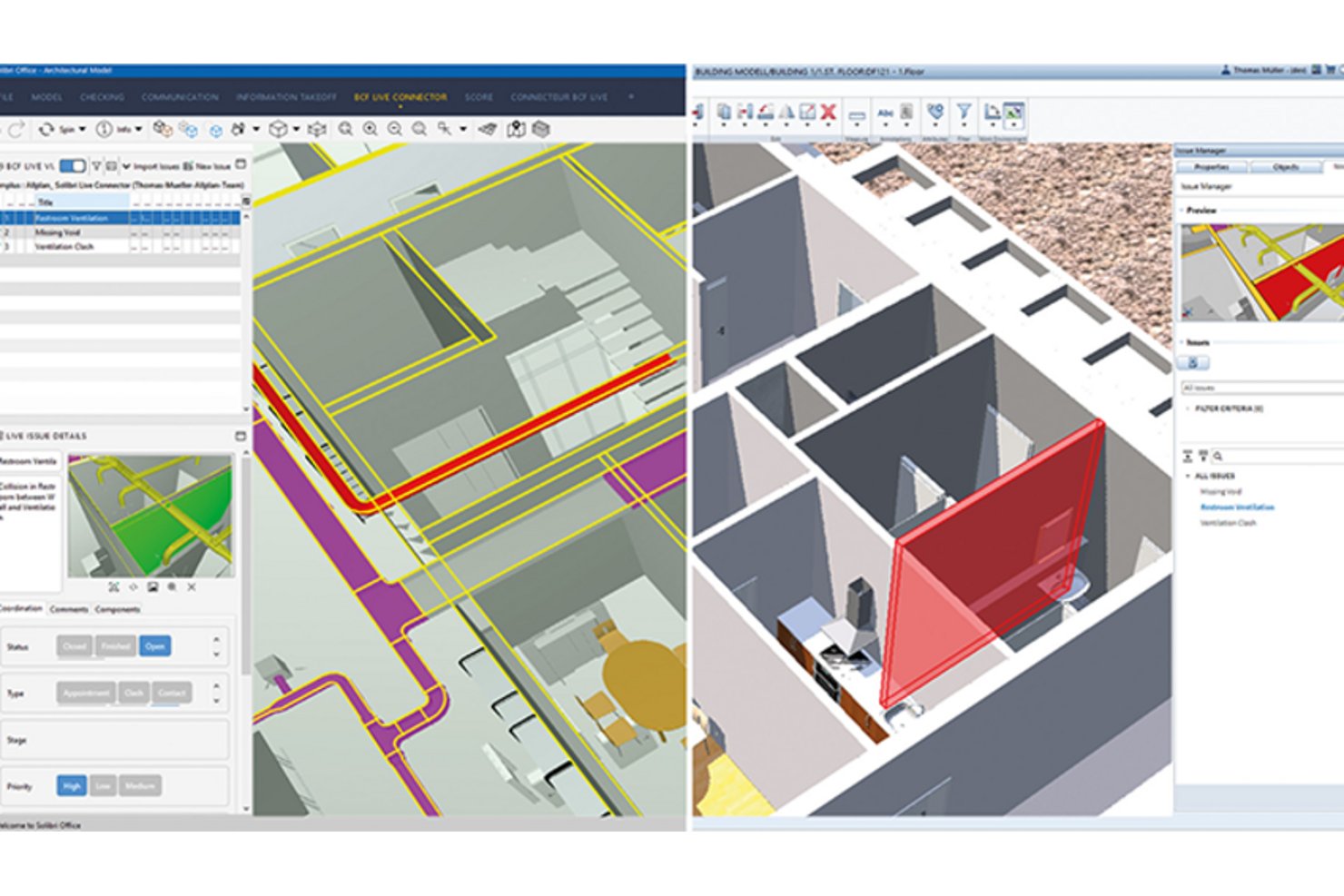 Allplan Bimplus-weergave van een 3D-BIM-model met twee panelen en een paneel voor het volgen van problemen.
