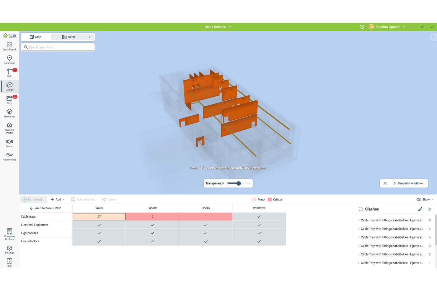 Dalux 3D clash detection matrix showing cable trays conflicting with walls, facade, and doors.