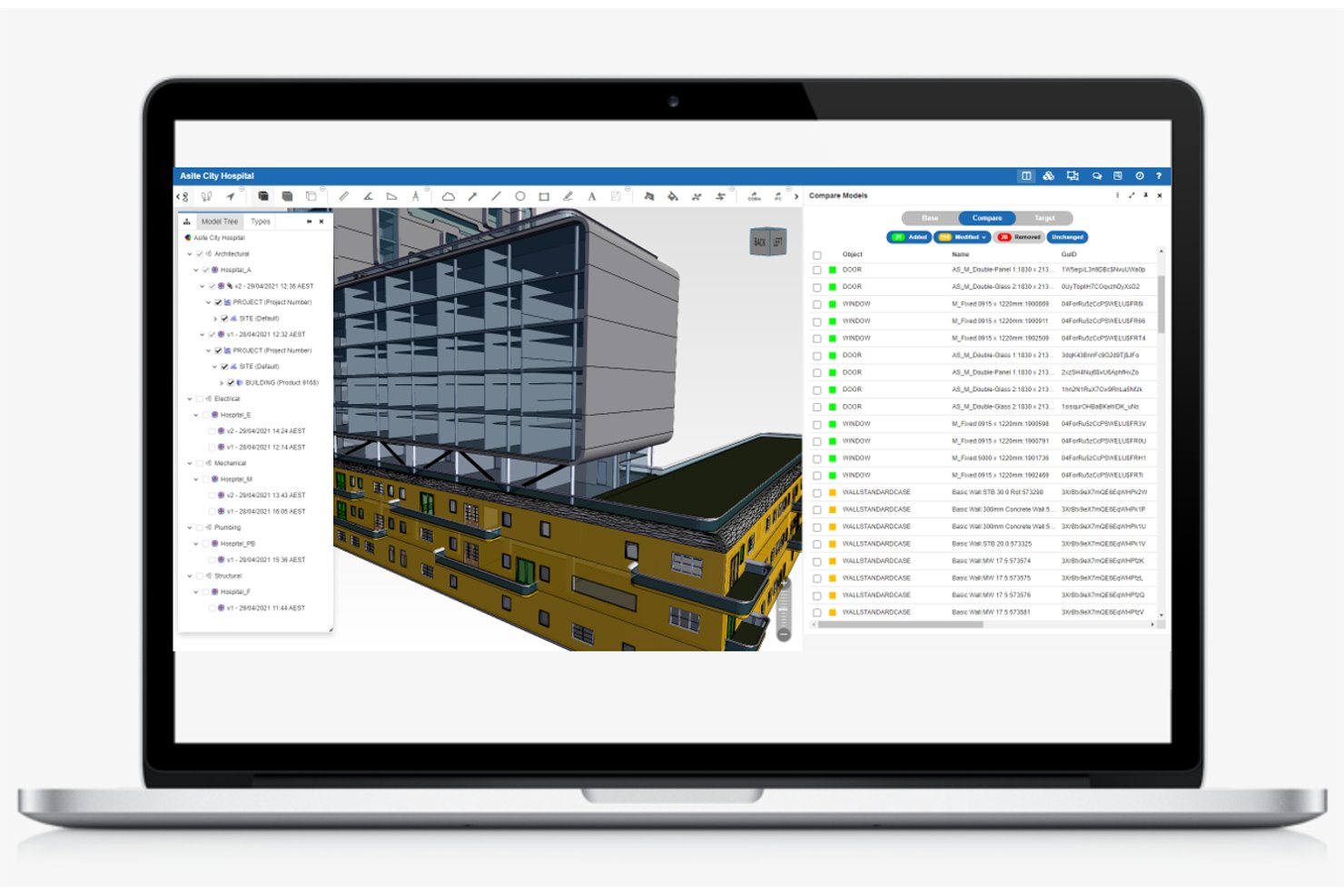 Asite BIM software showing 3D hospital model with version comparison panel on laptop.