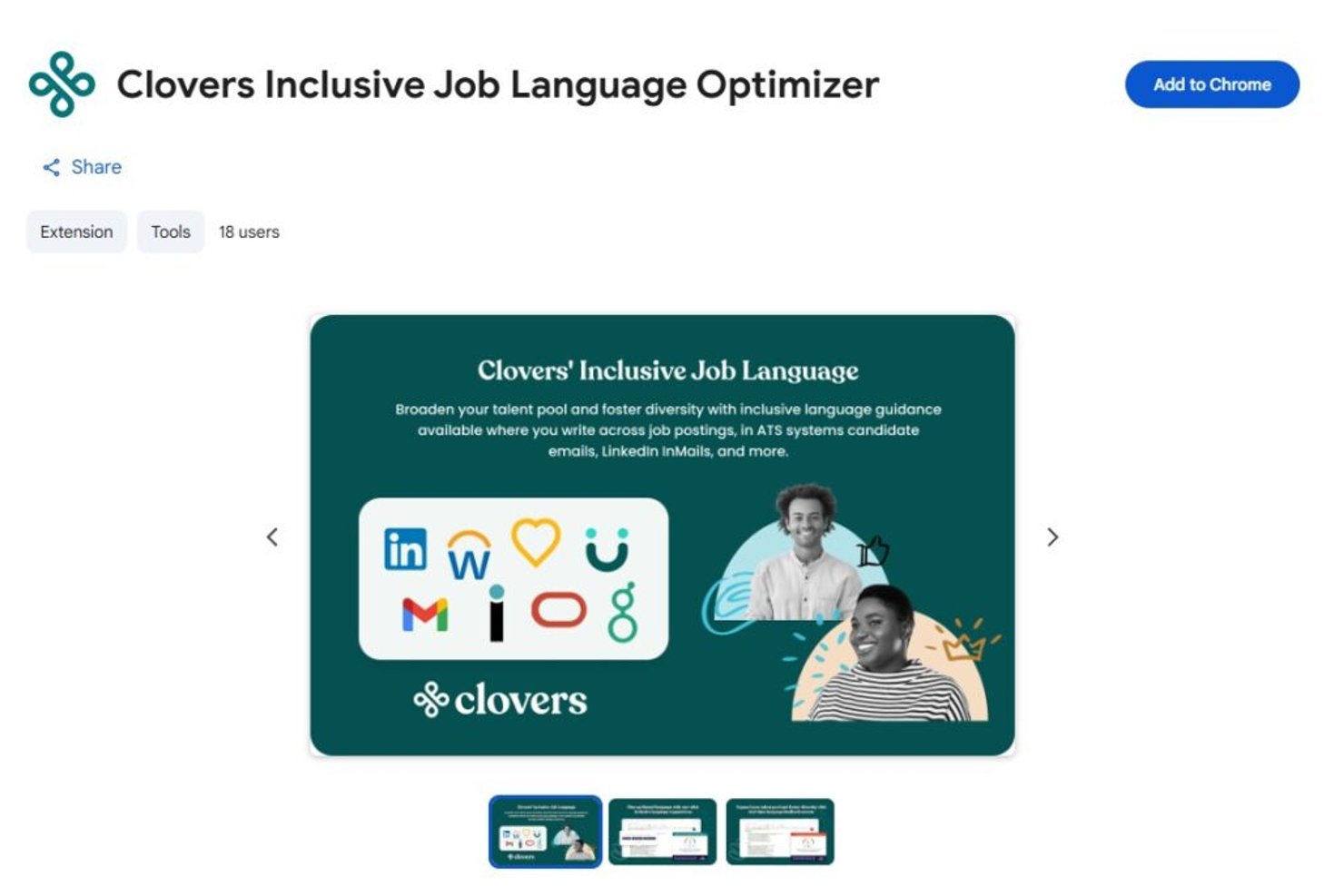 Listado de la extensión de Chrome Optimizador de lenguaje inclusivo para ofertas de empleo de Clovers con logotipos de aplicaciones.