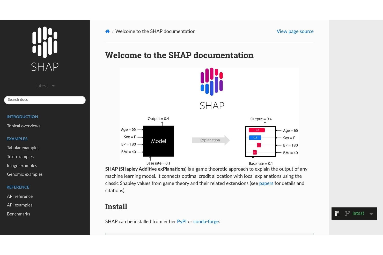 Página de documentación de SHAP que muestra un diagrama de explicación del modelo con valores de características.