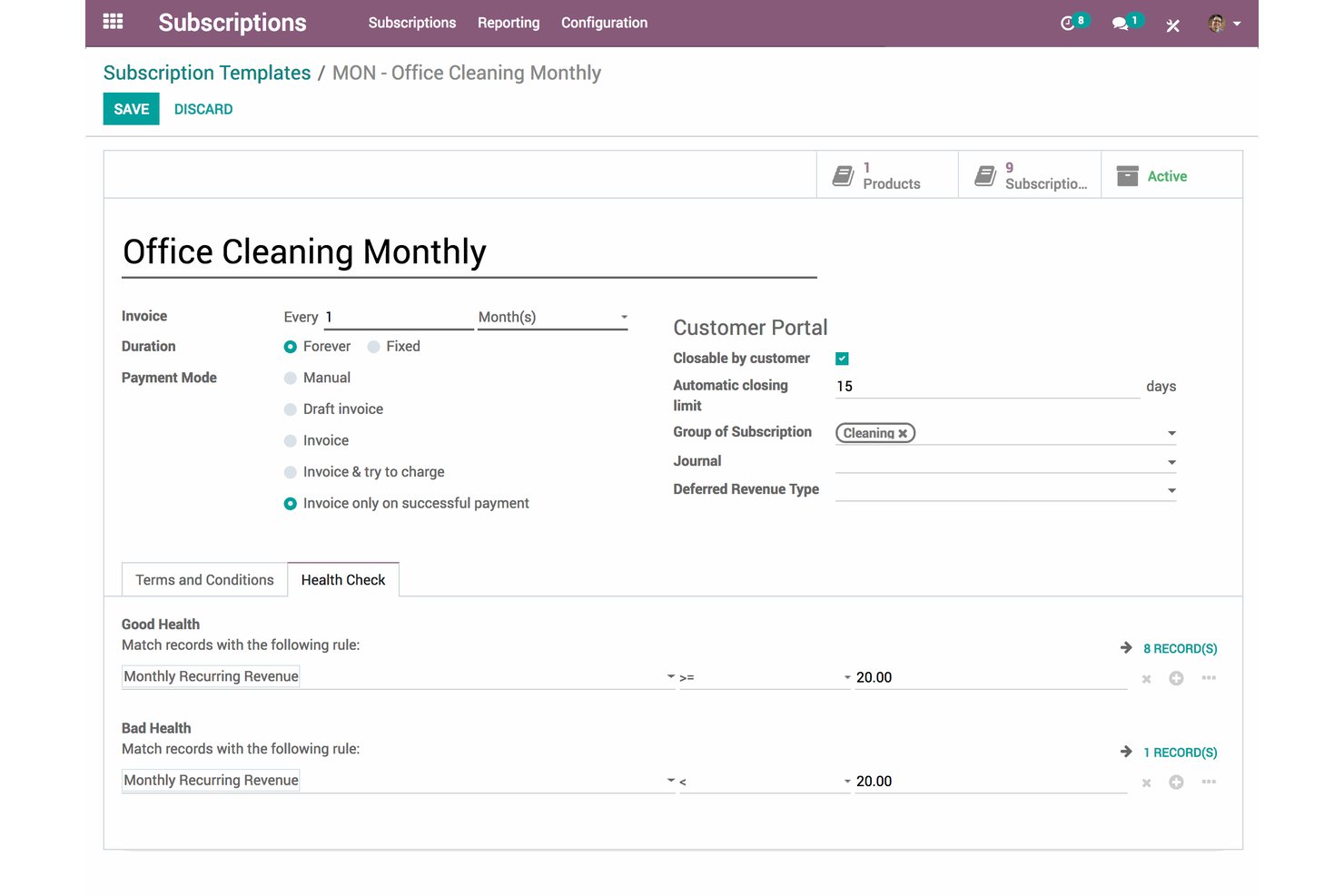 Odoo Subscriptions template form showing billing, payment mode, and health check rules.