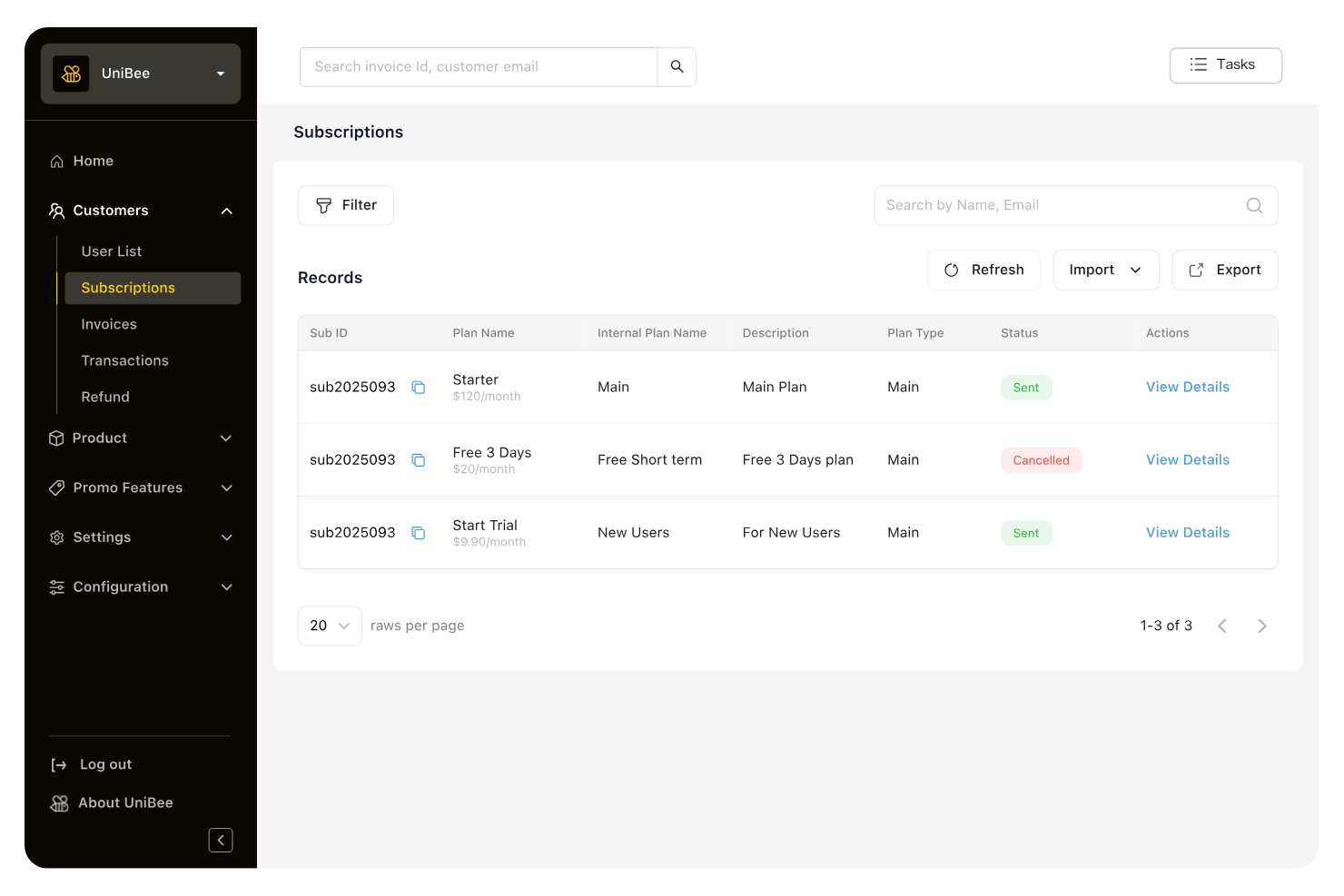 UniBee subscriptions dashboard showing three subscription records with status badges.