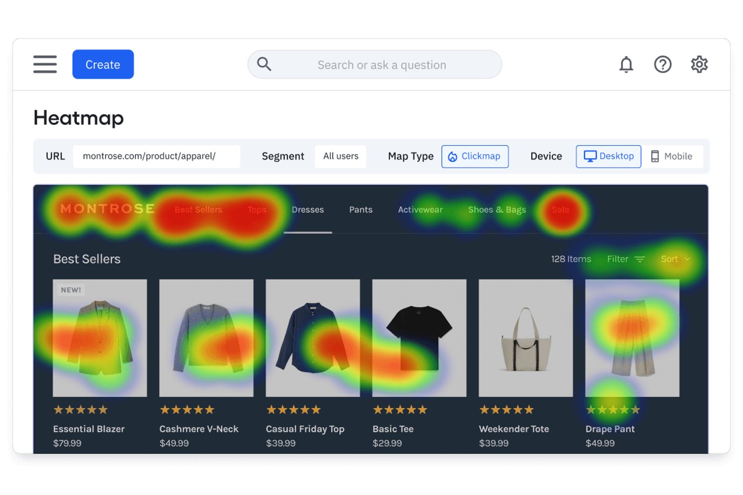 Amplitude heatmap clickmap showing user clicks on an apparel product page.