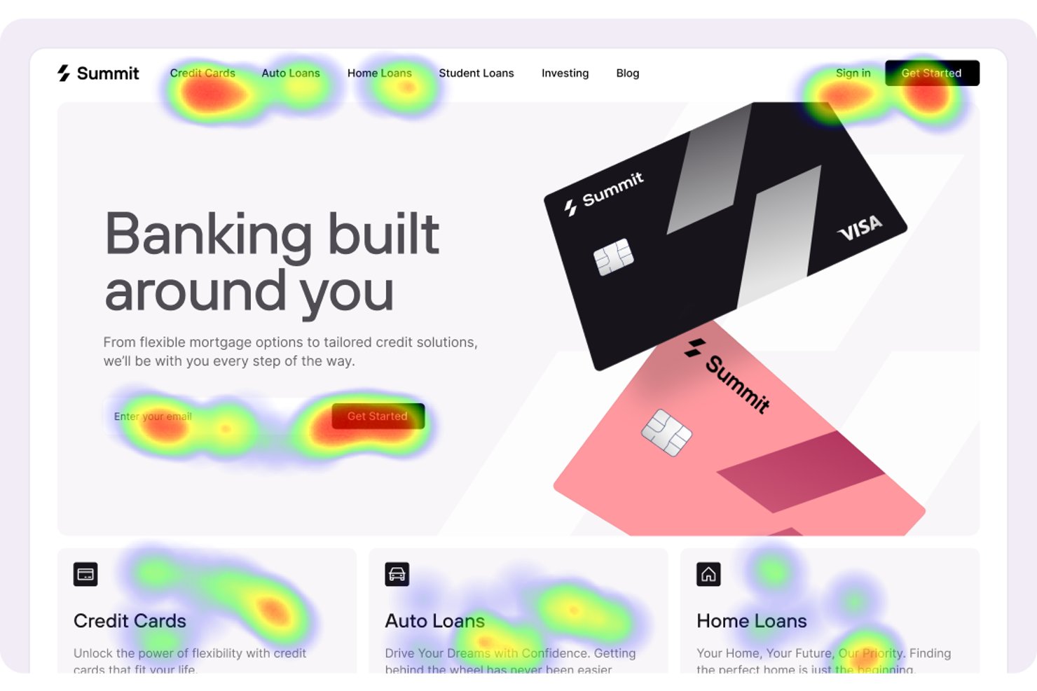 Heatmap overlay on a banking website homepage showing user attention hotspots.