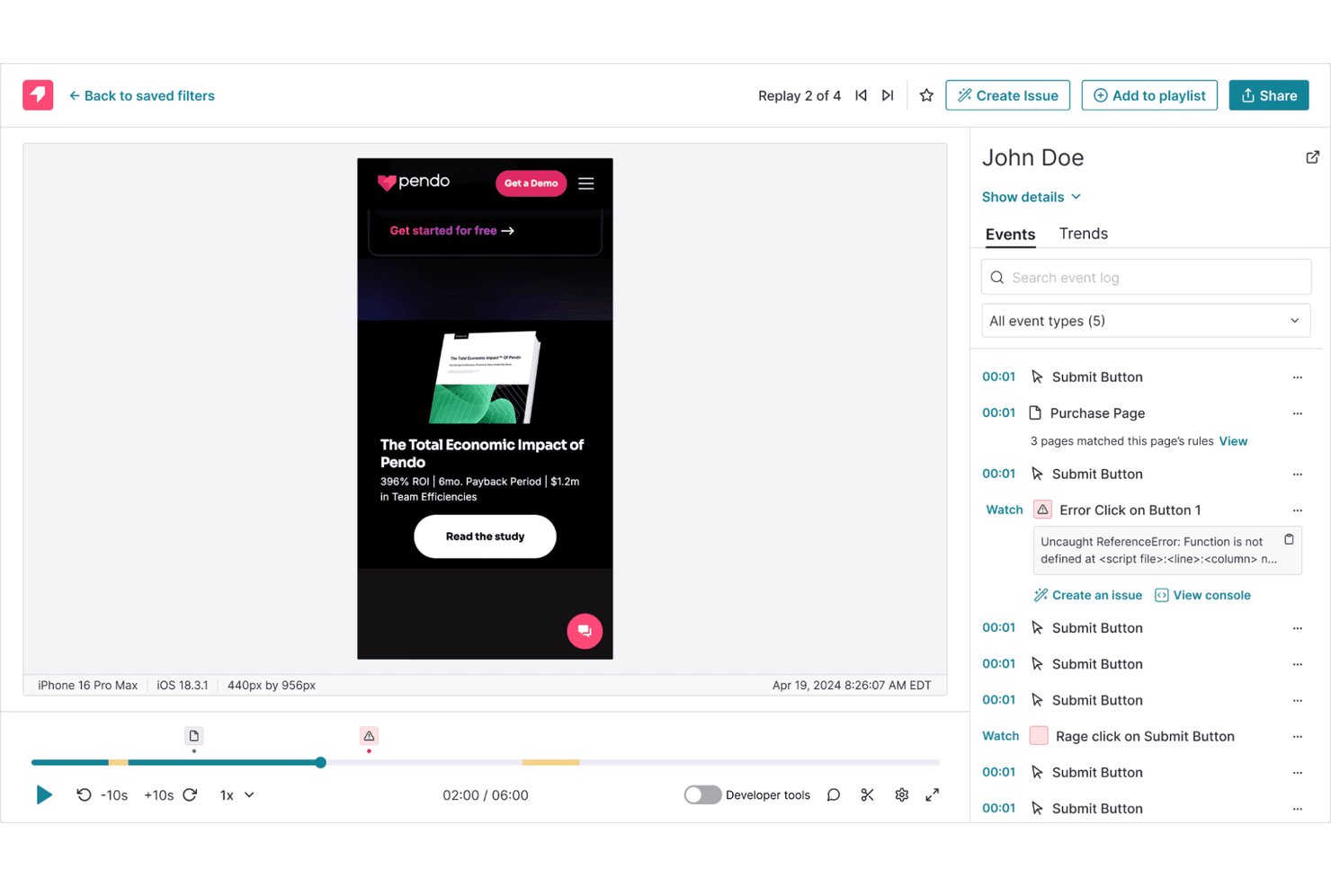 Pendo-Sitzungswiedergabe mit mobiler Ansicht und geöffnetem Protokollbereich für Fehlerereignisse.