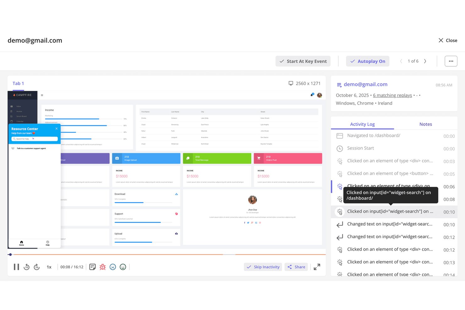 Userpilot session replay showing dashboard activity log and resource center widget.