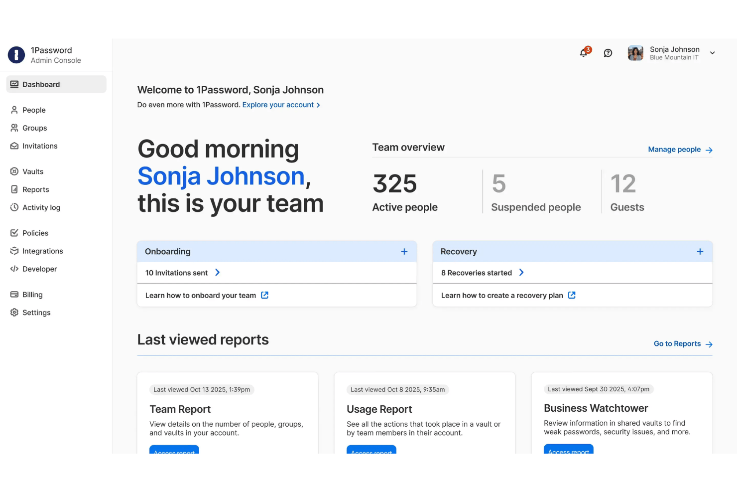 1Password admin console dashboard showing team overview with 325 active people.
