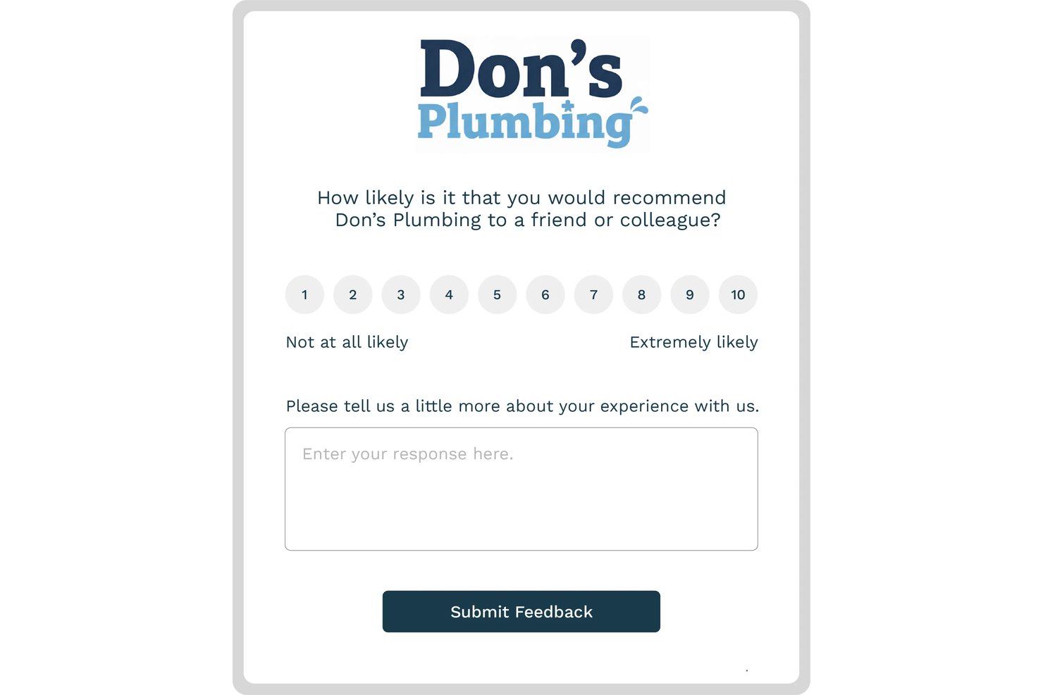 Don's Plumbing NPS survey form with 1–10 rating scale and feedback text box.
